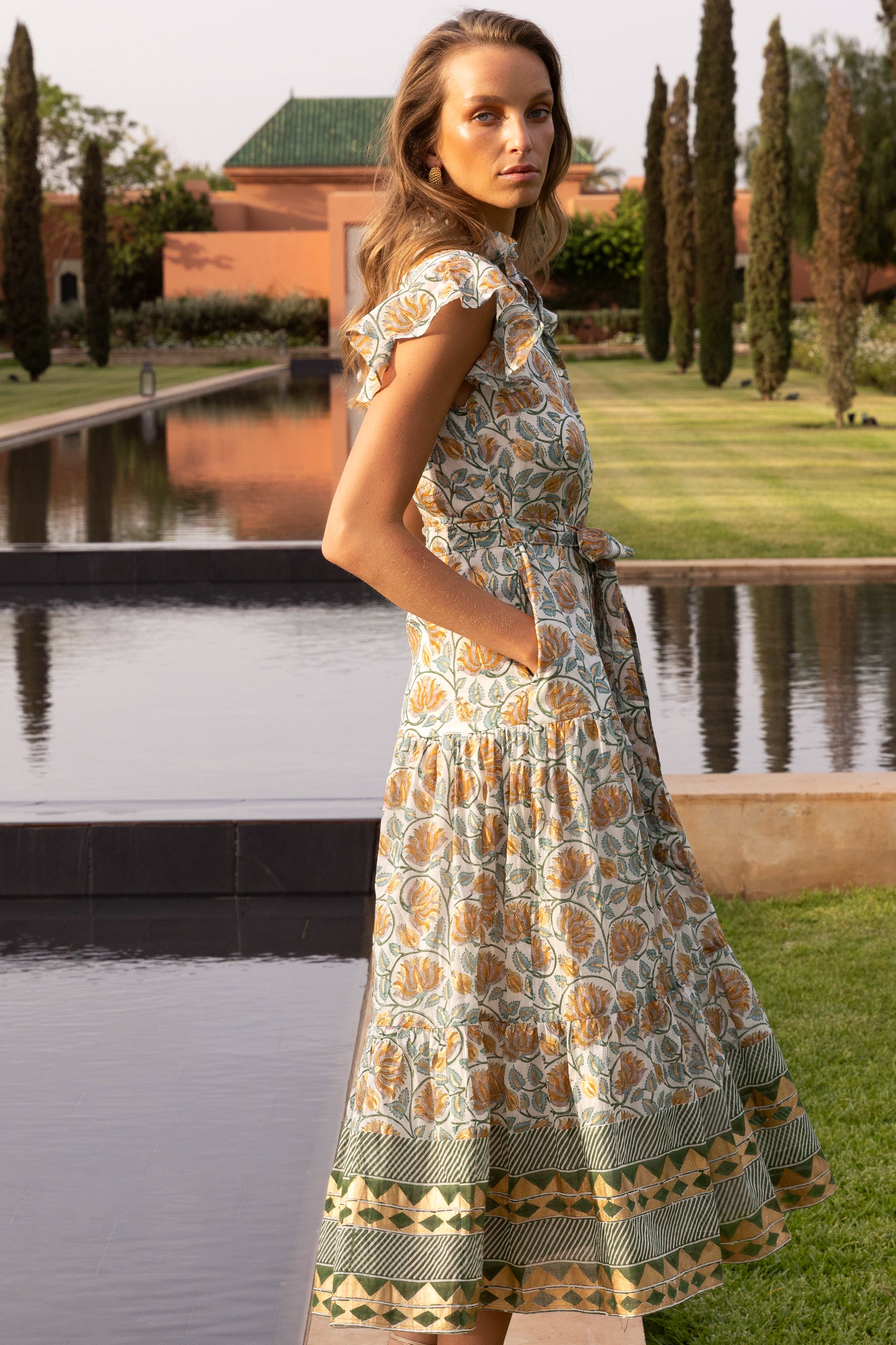 Ruffle Collar Button Maxi- Montenegro Green