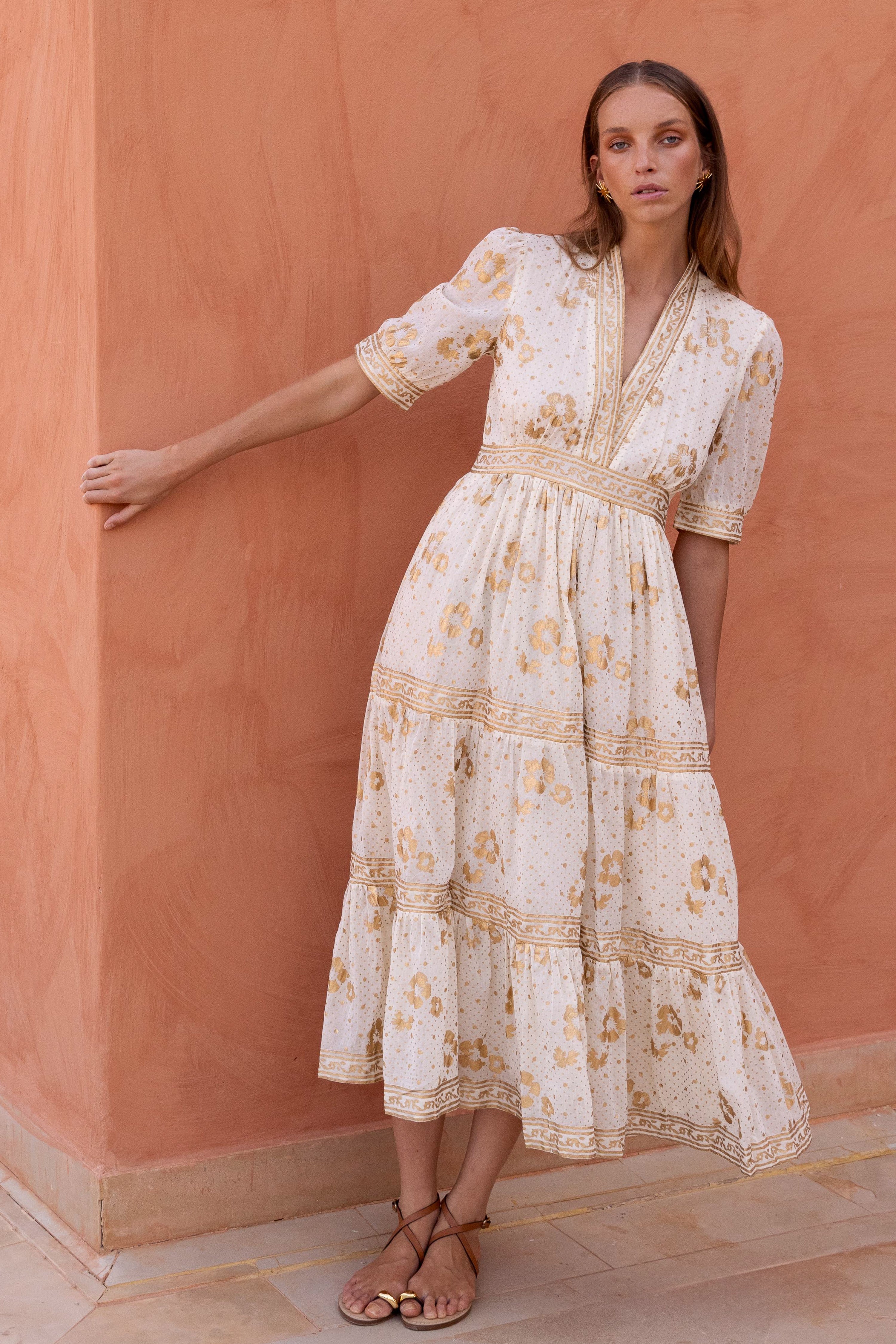 V-Neck Cuffed Maxi- Carlin Cream Gold