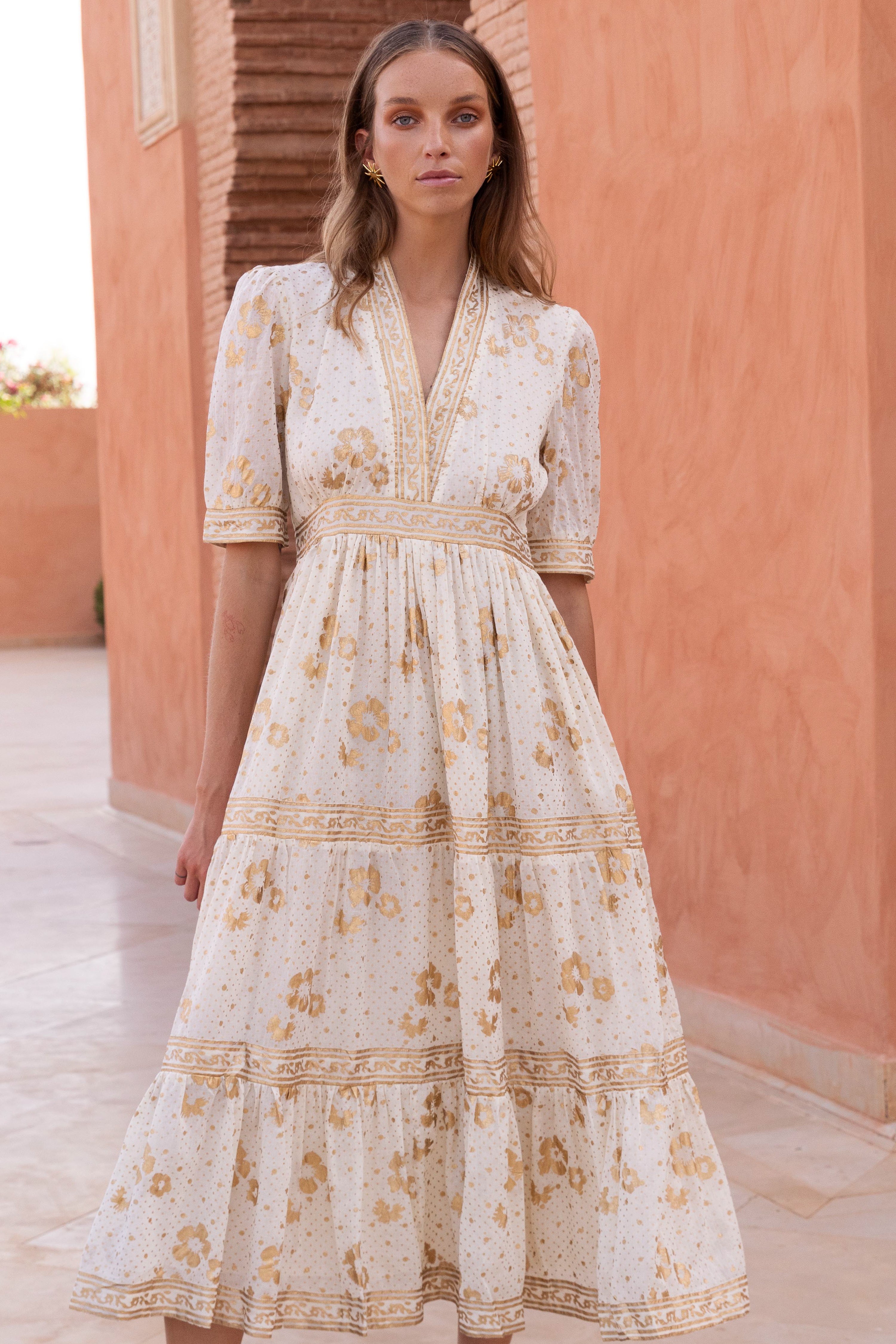 V-Neck Cuffed Maxi- Carlin Cream Gold