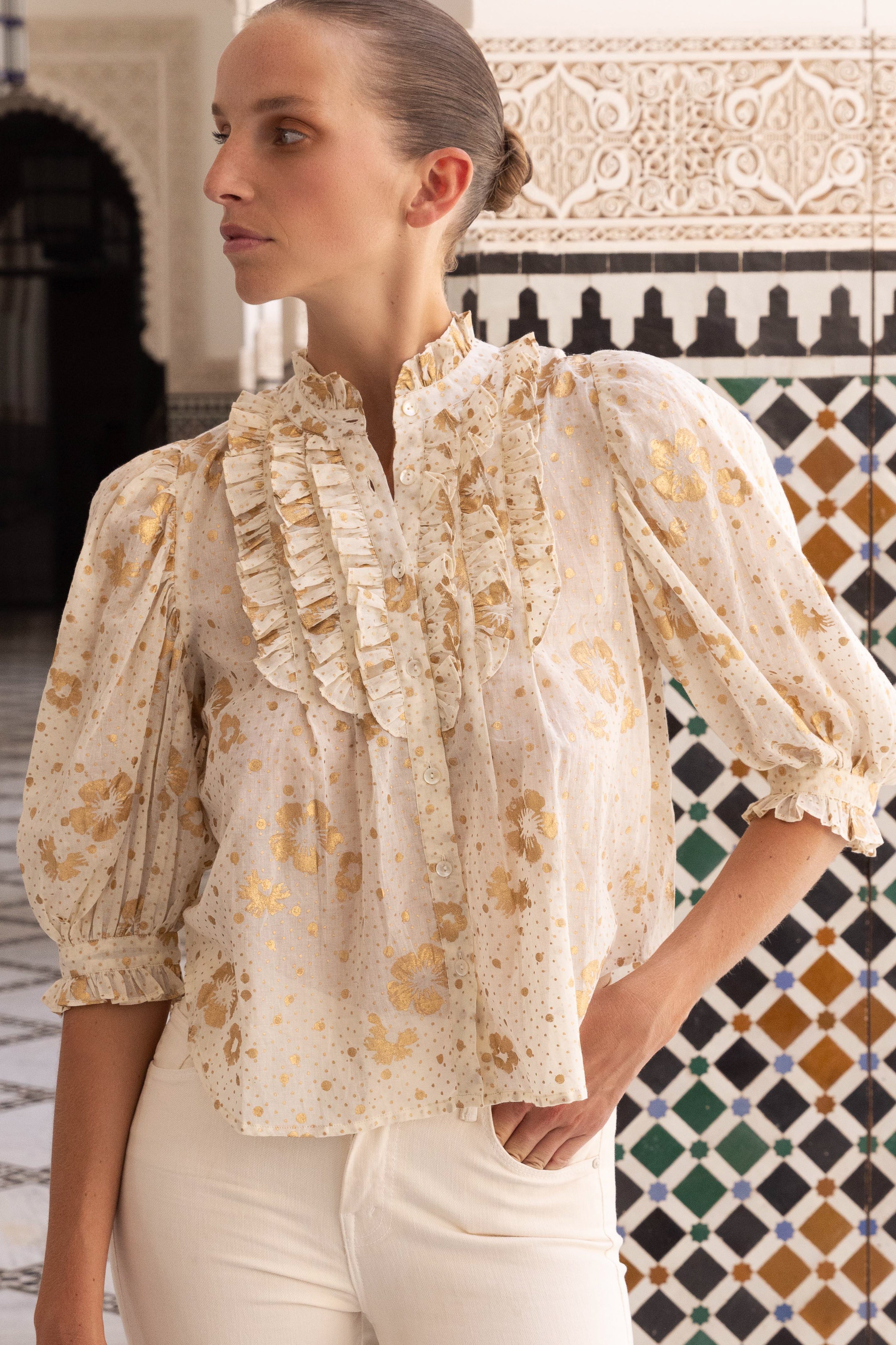 Ruffle Front Button Blouse- Carlin Cream Gold