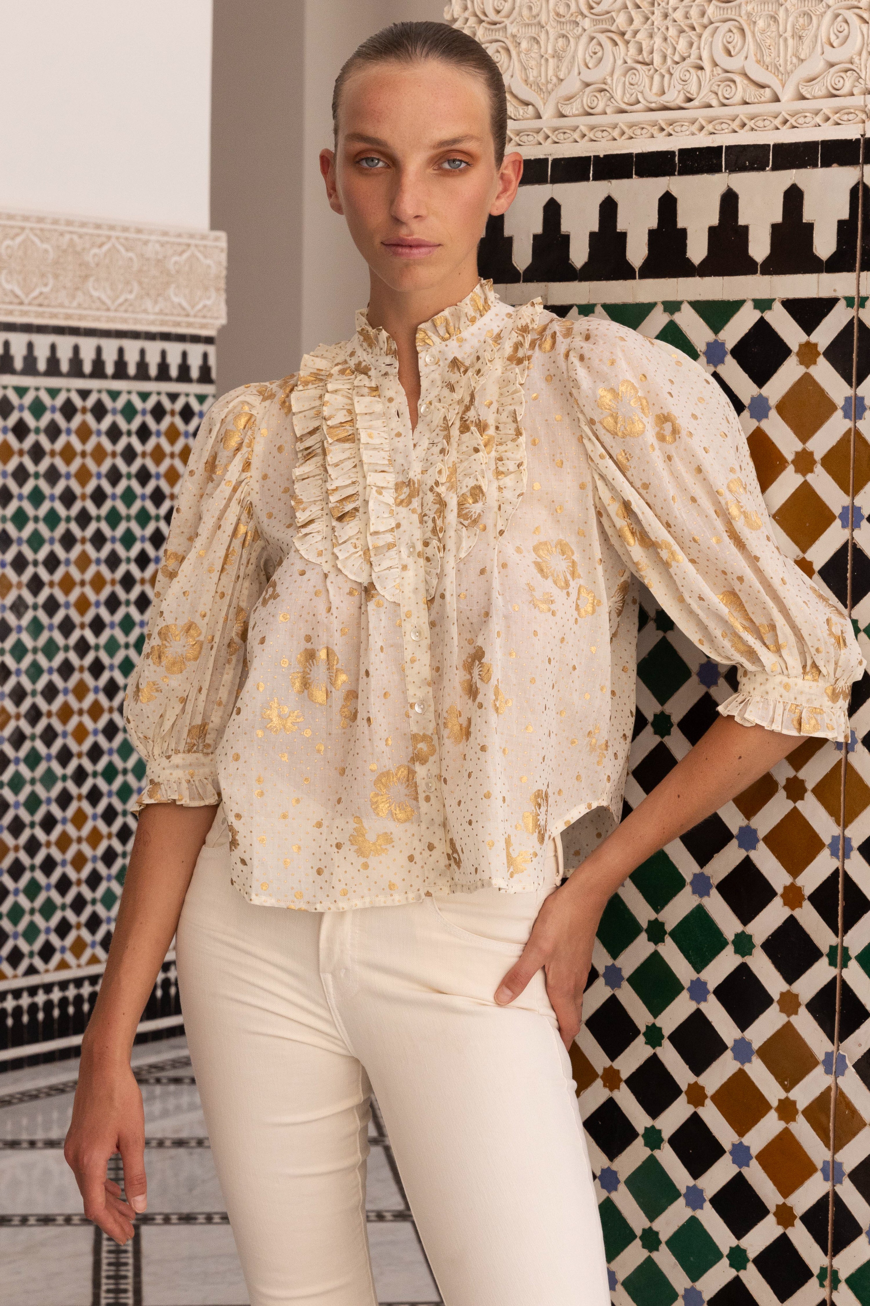 Ruffle Front Button Blouse- Carlin Cream Gold
