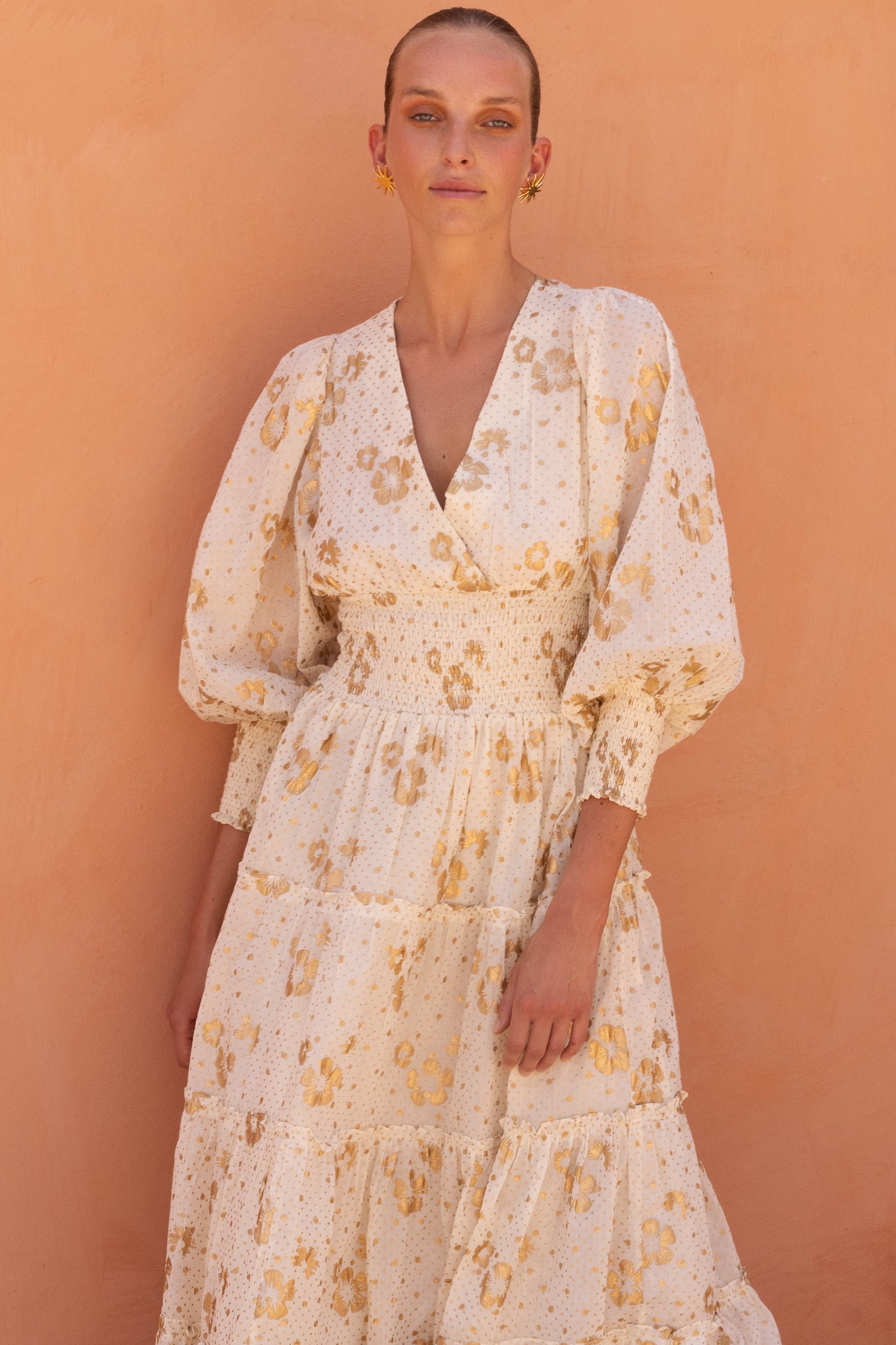 V-Neck Smocked Waist Midi- Carlin Cream Gold