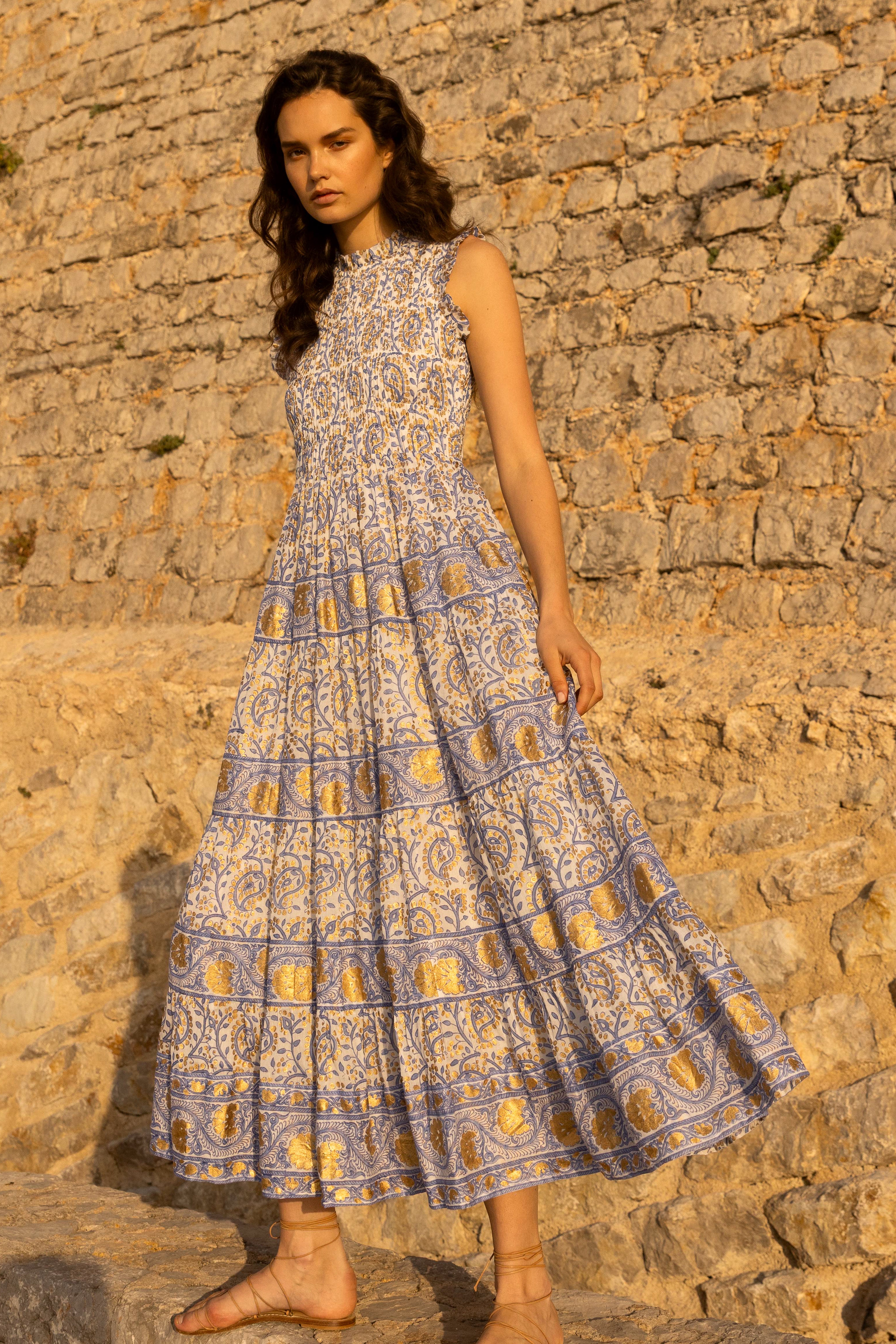 Sleeveless Smocked Maxi- Marseille Blue