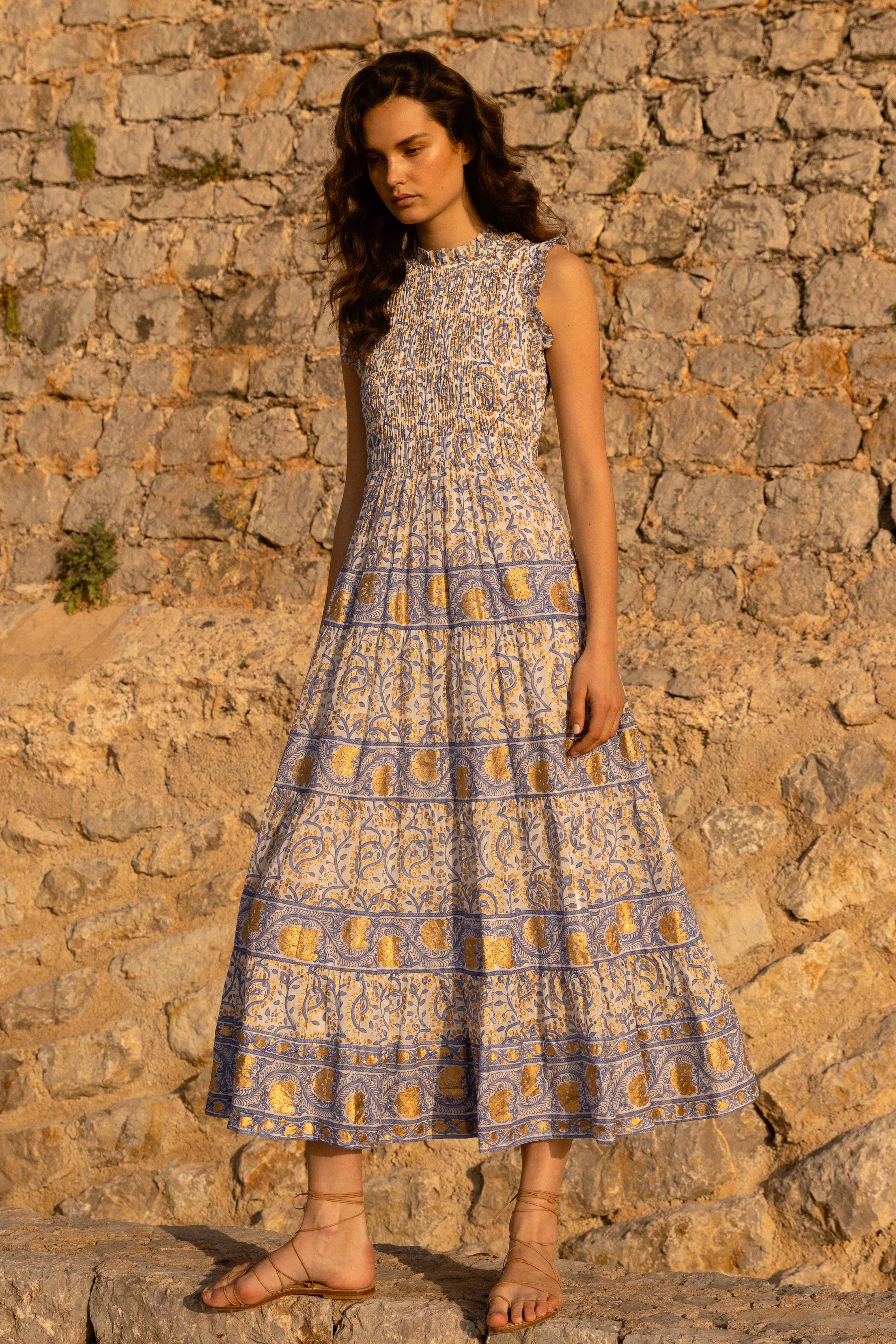 Sleeveless Smocked Maxi- Marseille Blue