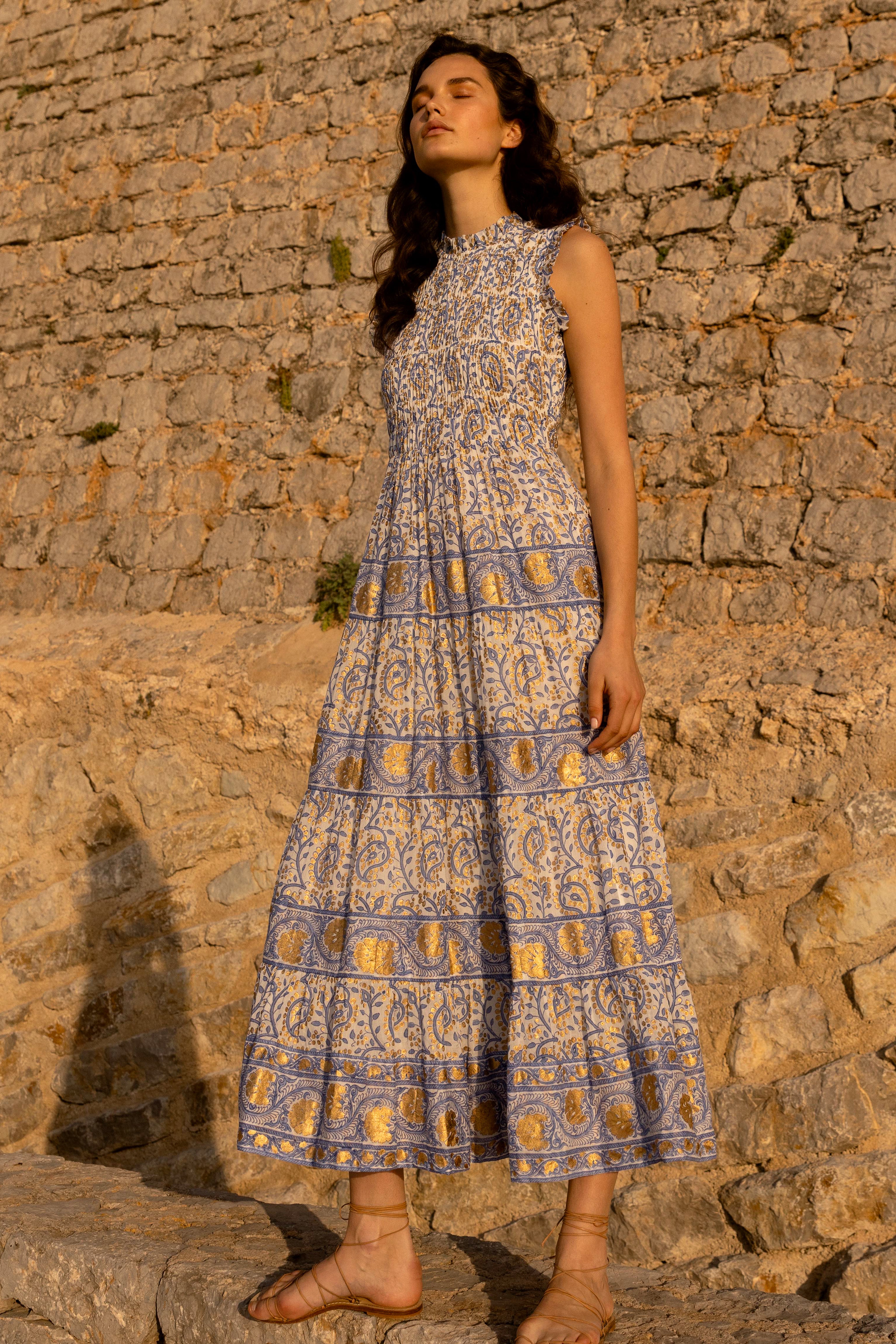 Sleeveless Smocked Maxi- Marseille Blue