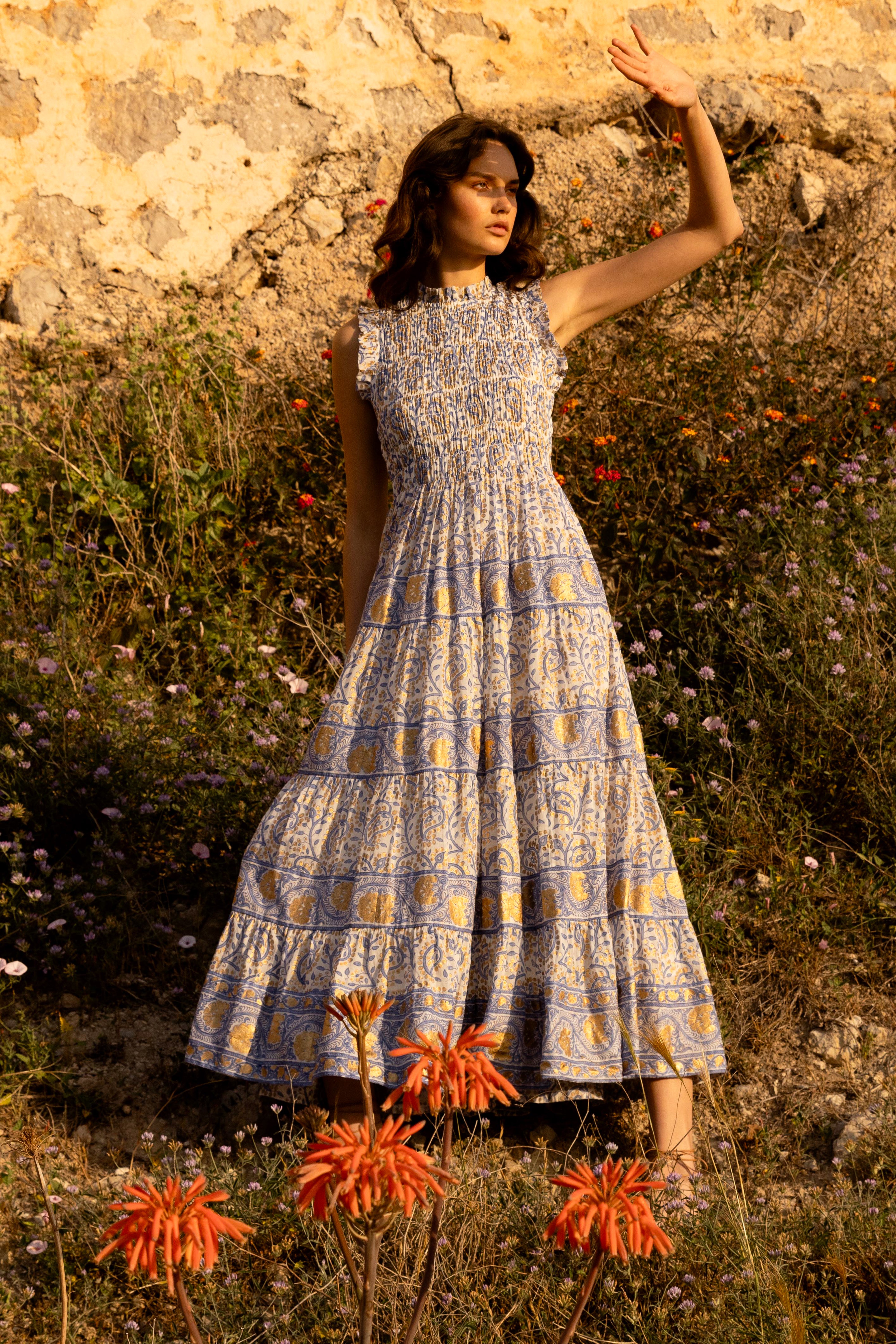 Sleeveless Smocked Maxi- Marseille Blue