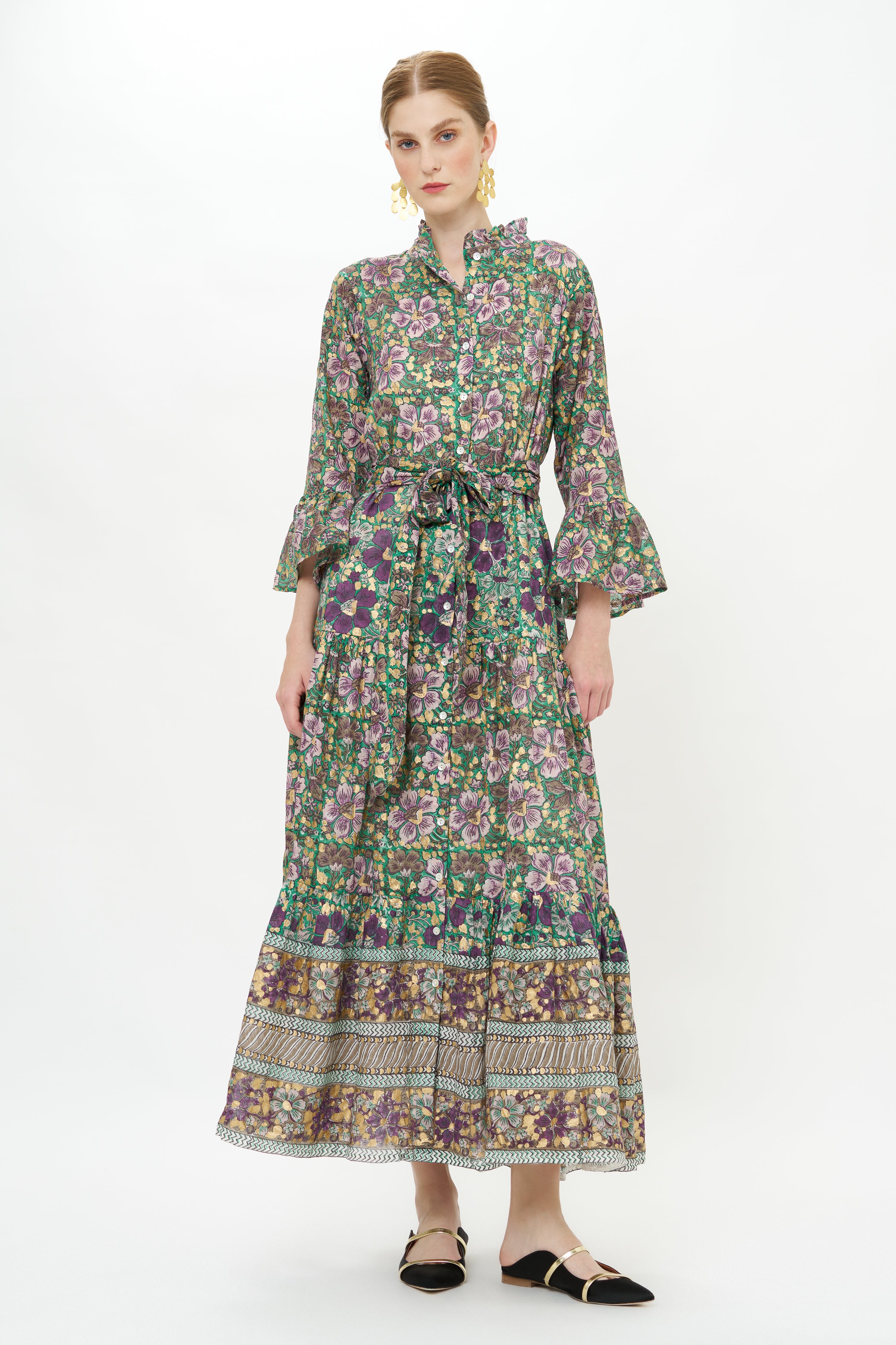 Ruffle Collar Bell Maxi- Matera Green