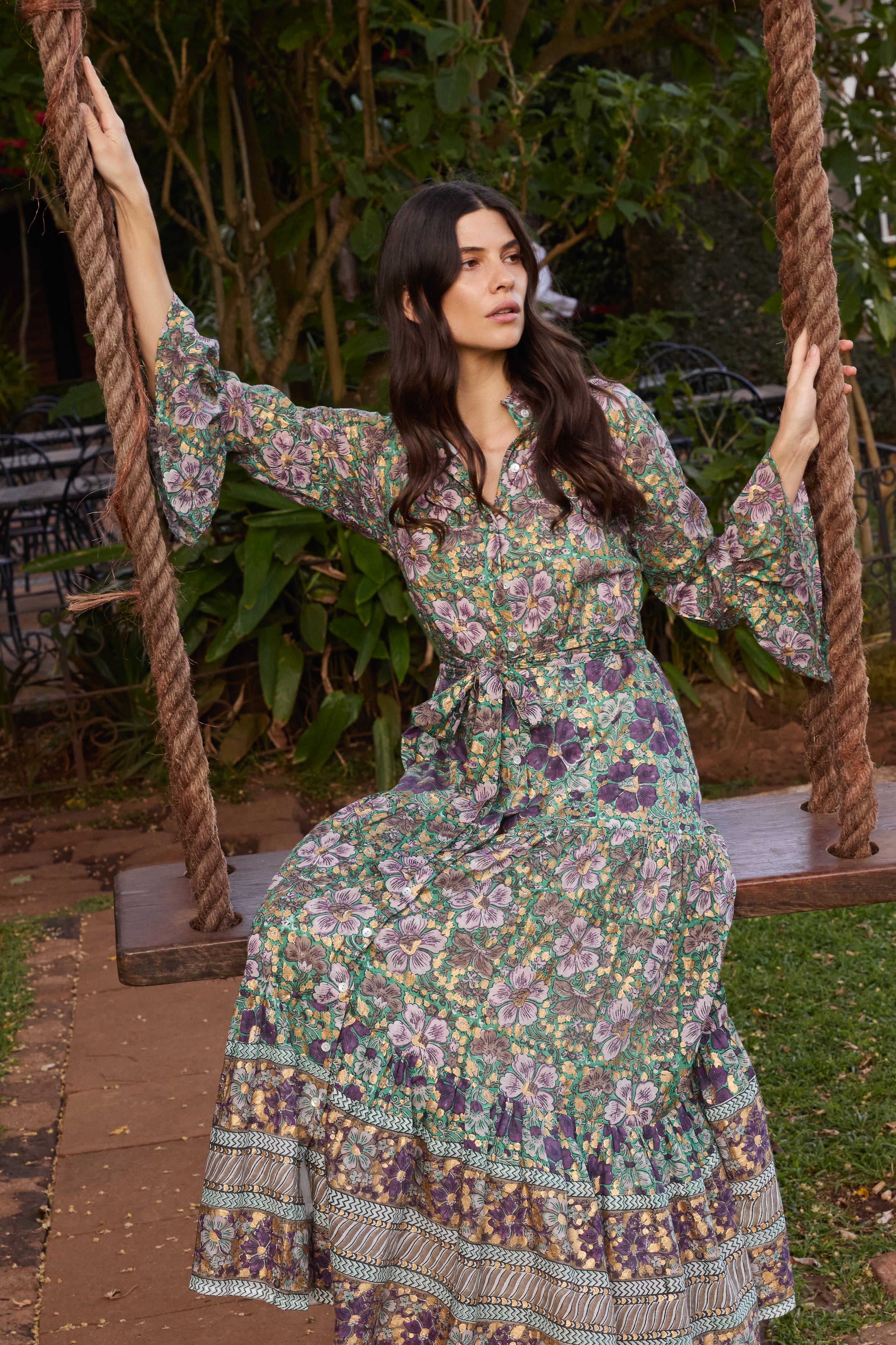 Ruffle Collar Bell Maxi- Matera Green