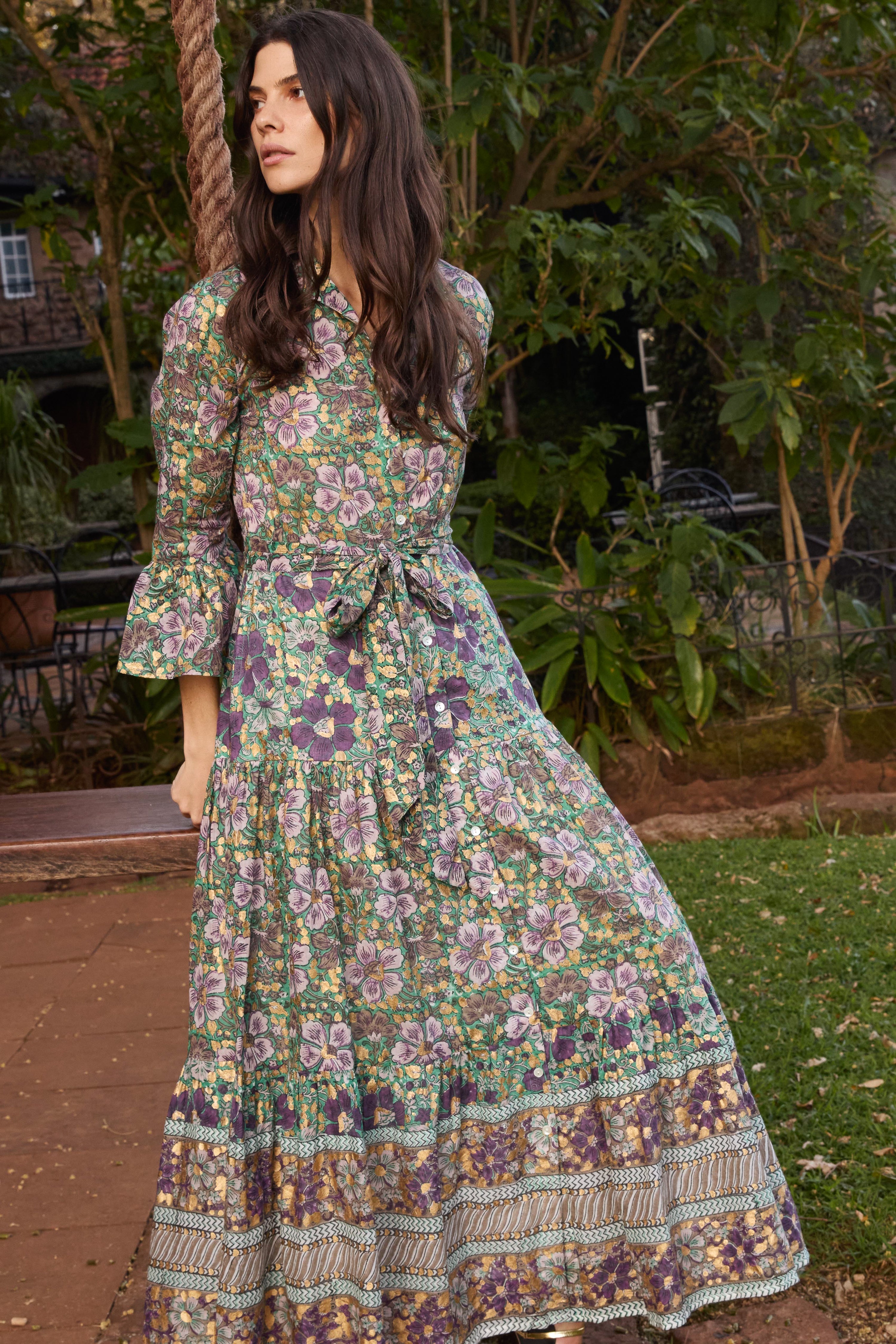 Ruffle Collar Bell Maxi- Matera Green