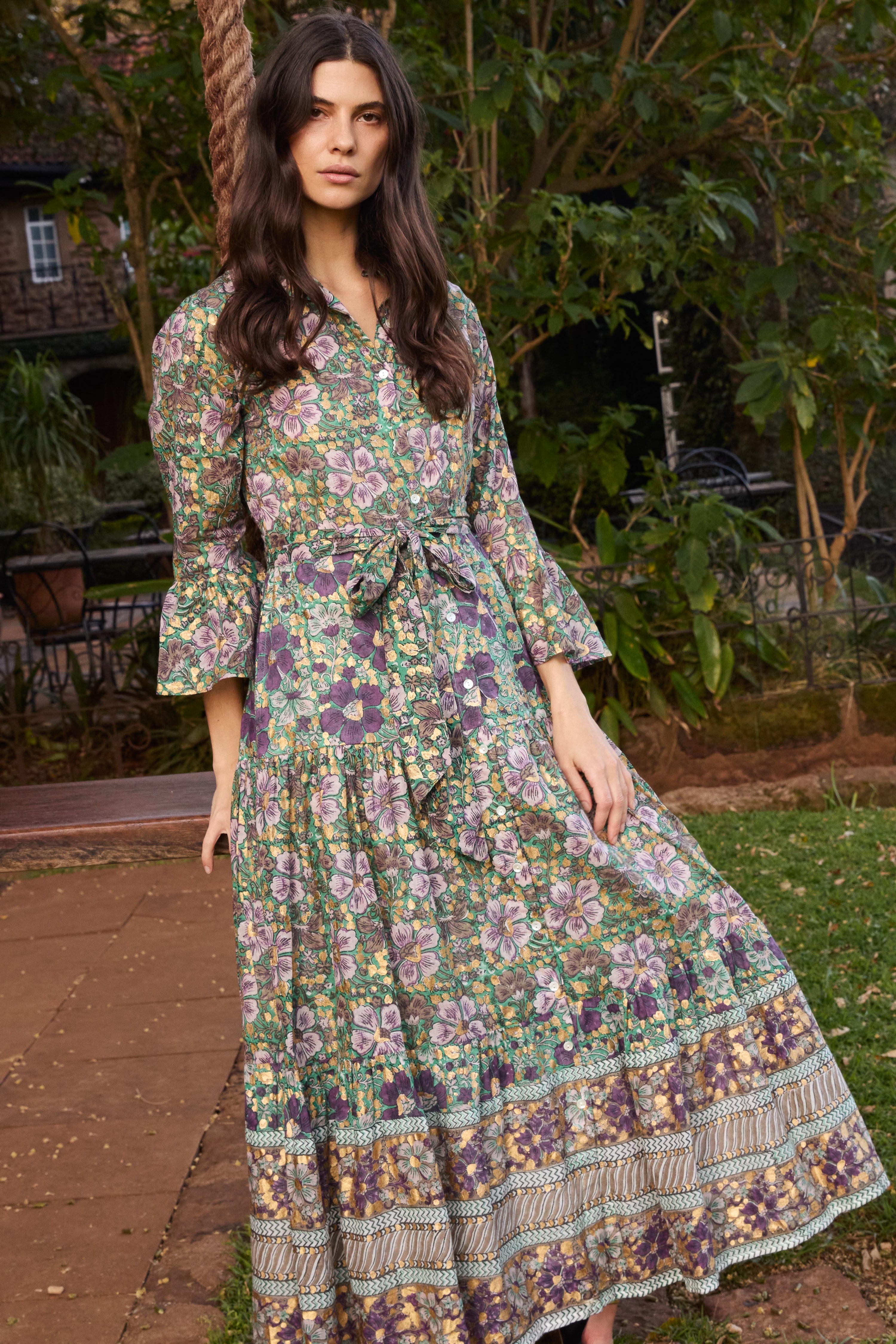 Ruffle Collar Bell Maxi- Matera Green
