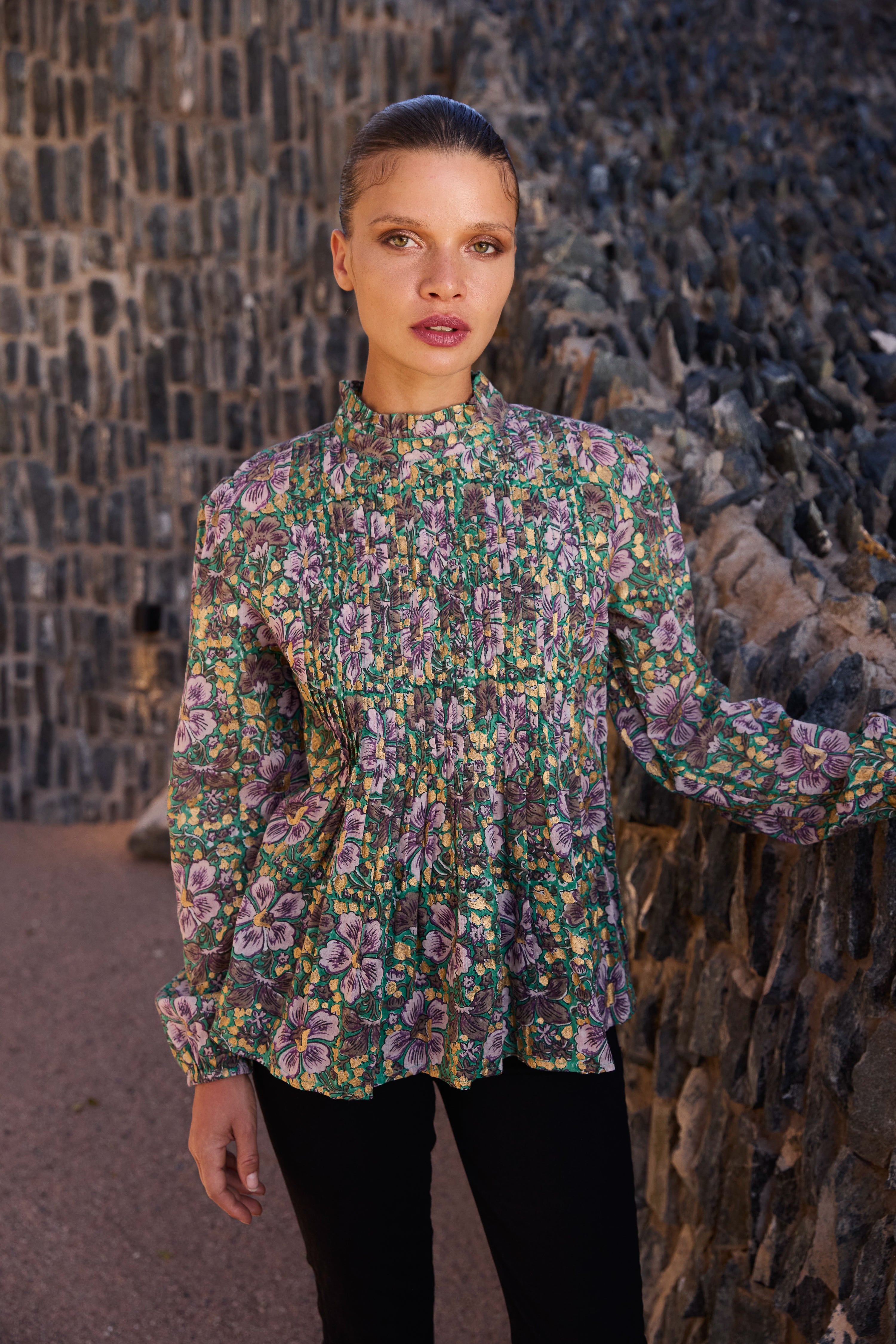 Long Sleeve Pintuck Blouse- Matera Green
