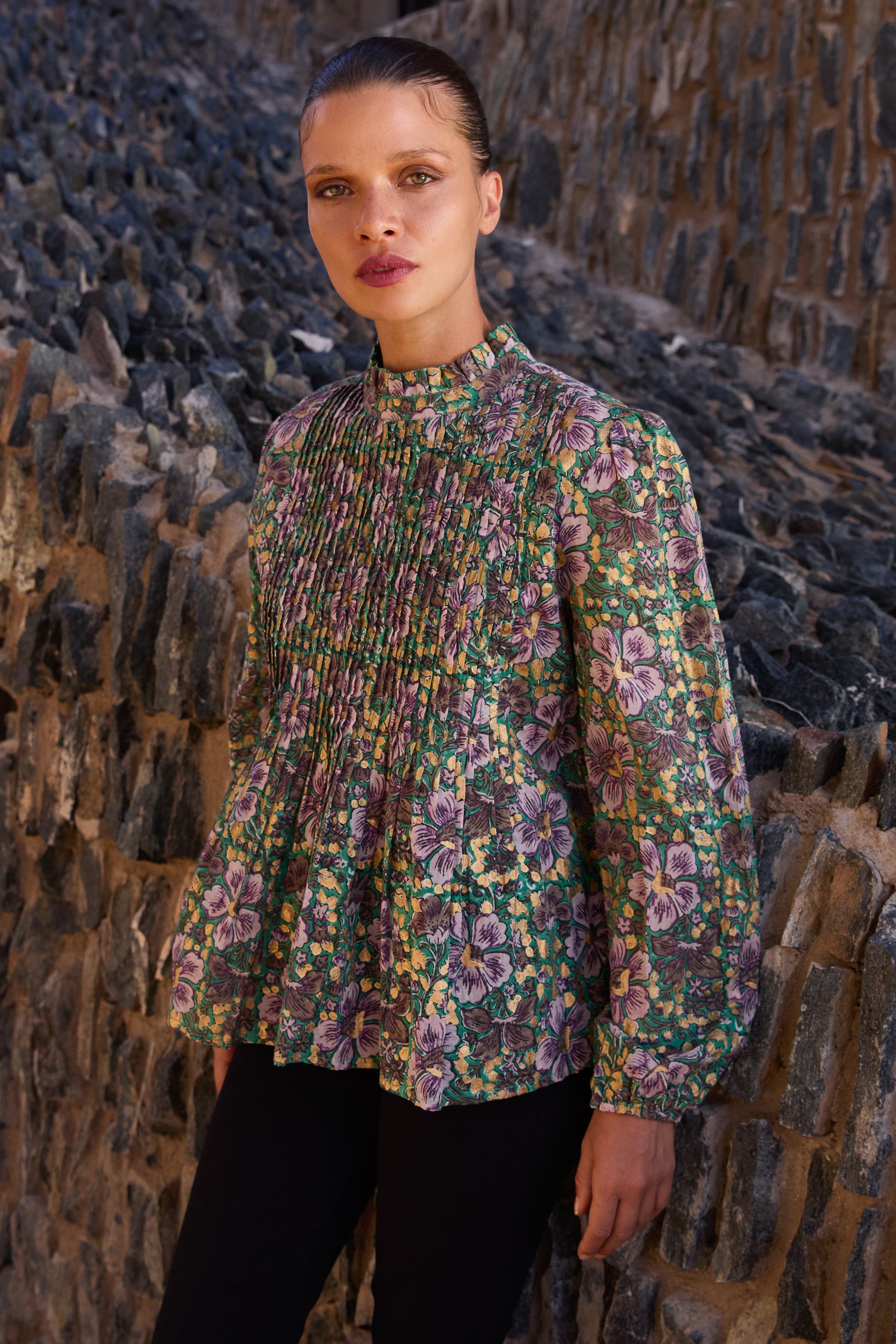 Long Sleeve Pintuck Blouse- Matera Green