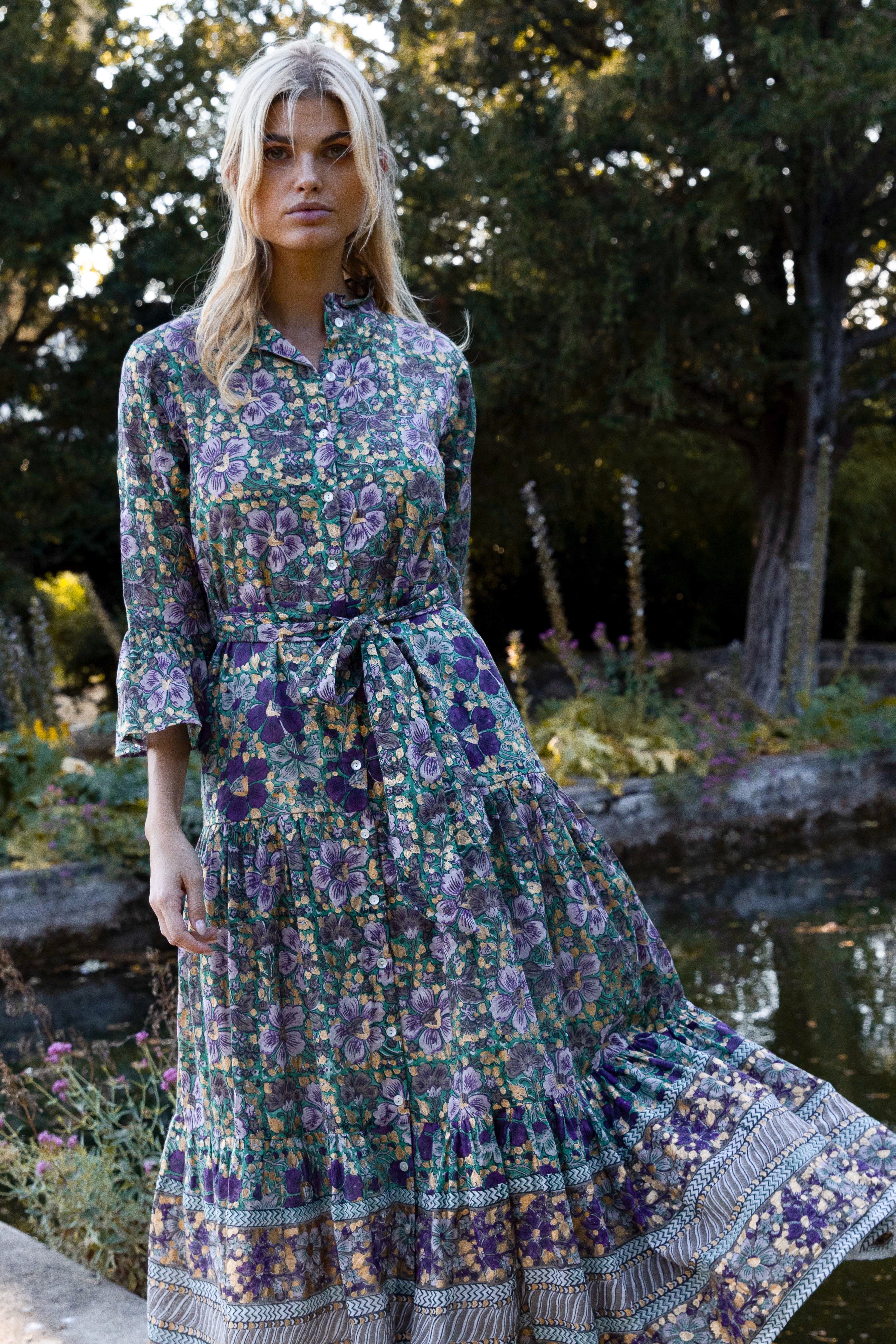 Ruffle Collar Bell Maxi- Matera Green