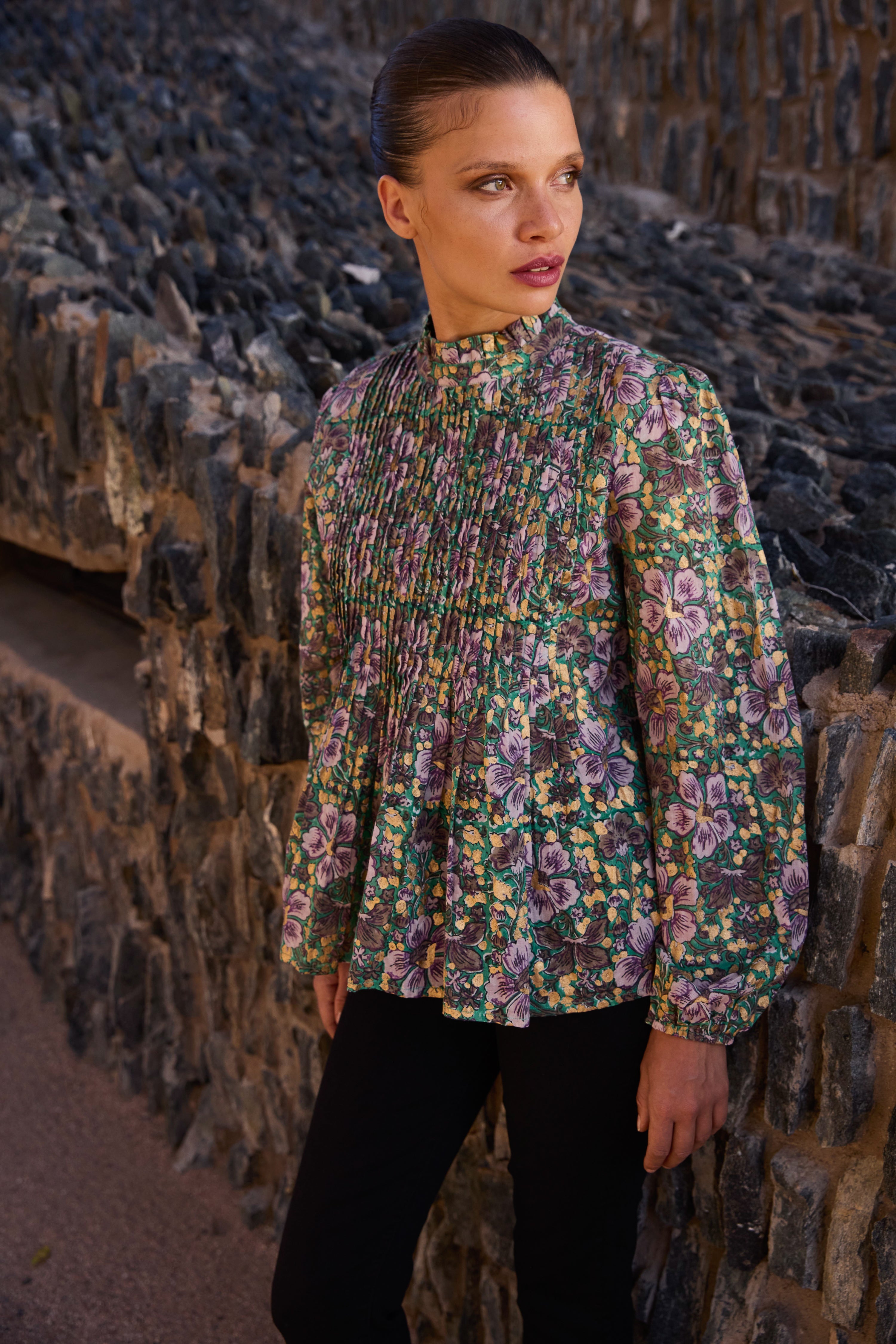 Long Sleeve Pintuck Blouse- Matera Green