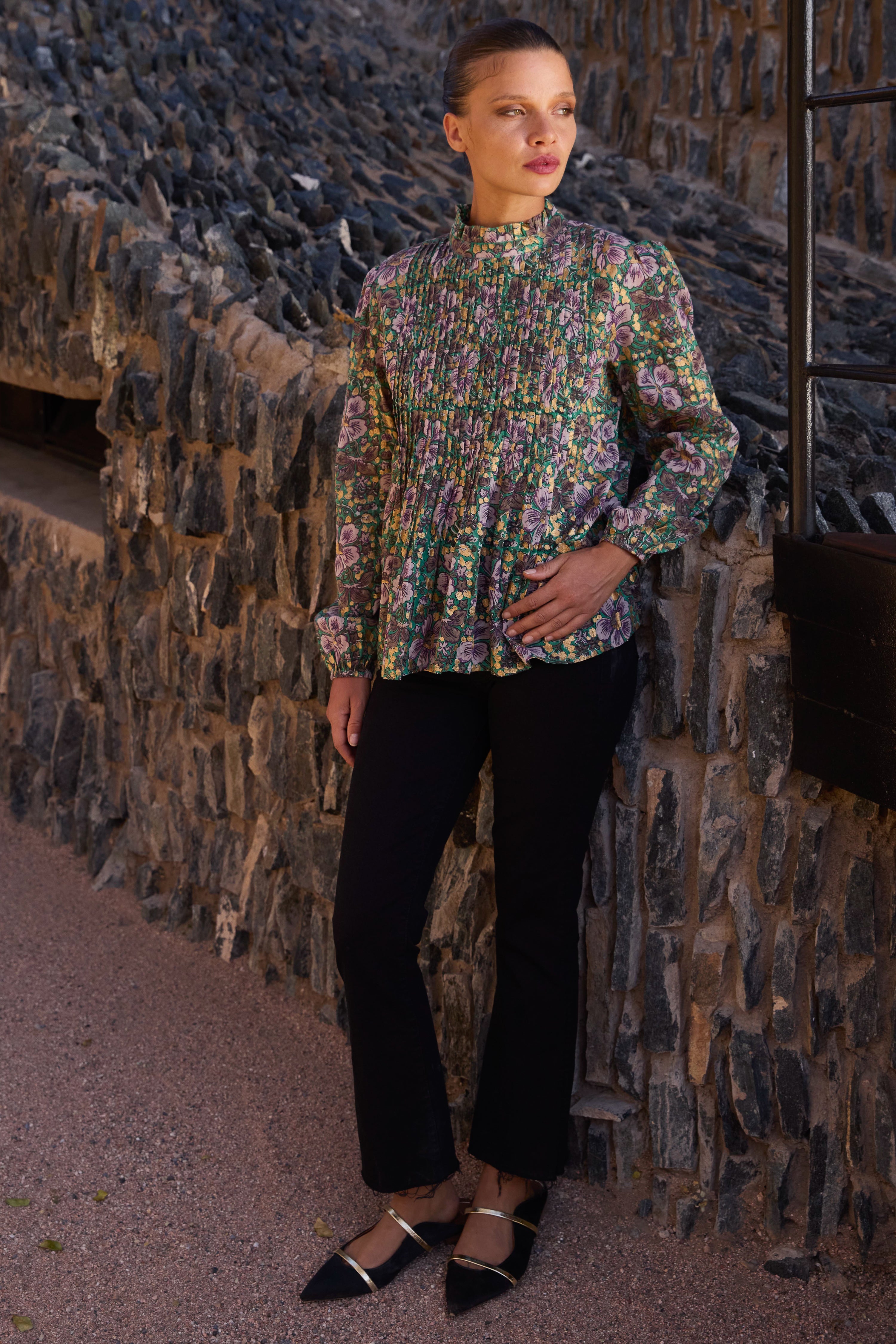Long Sleeve Pintuck Blouse- Matera Green