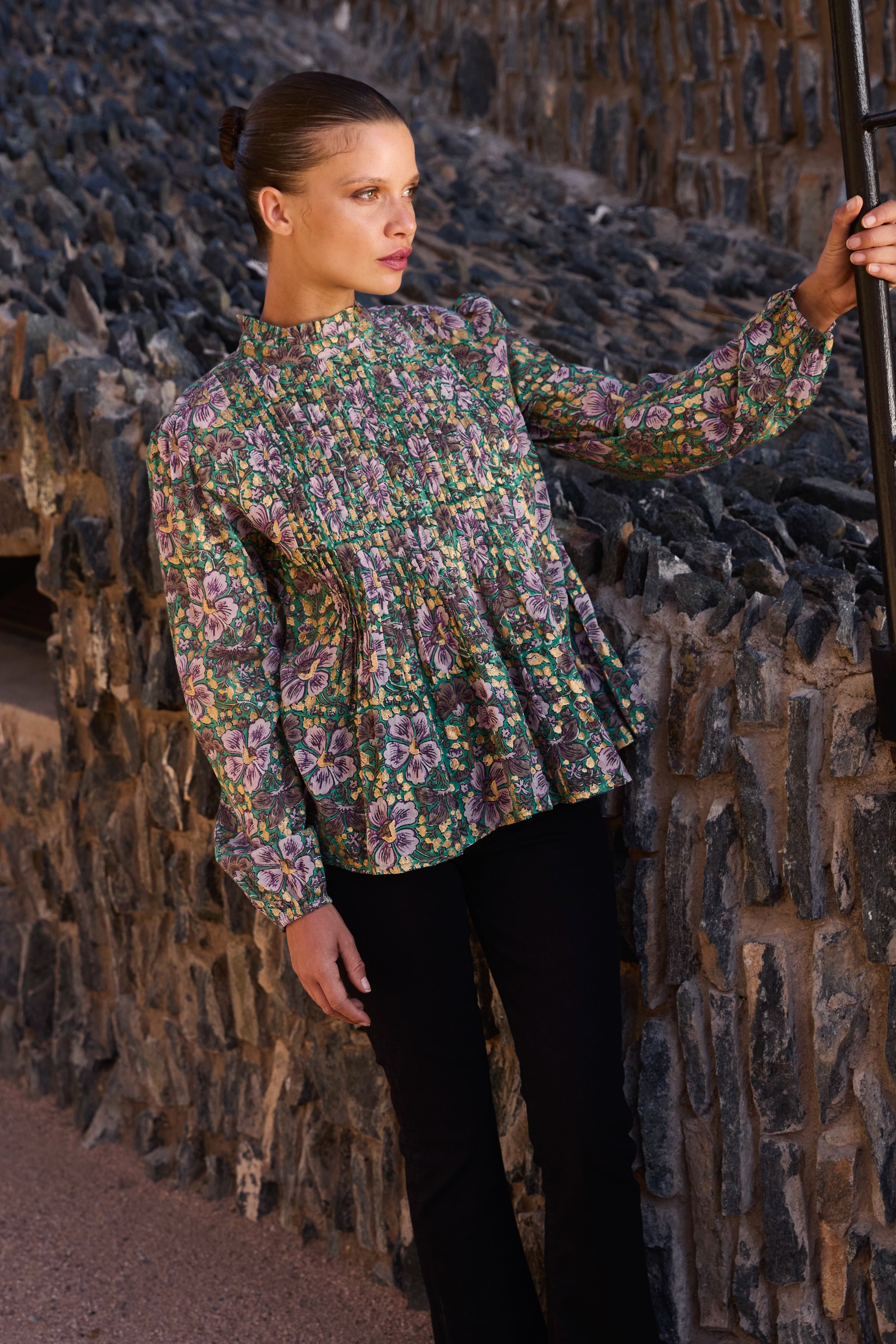 Long Sleeve Pintuck Blouse- Matera Green
