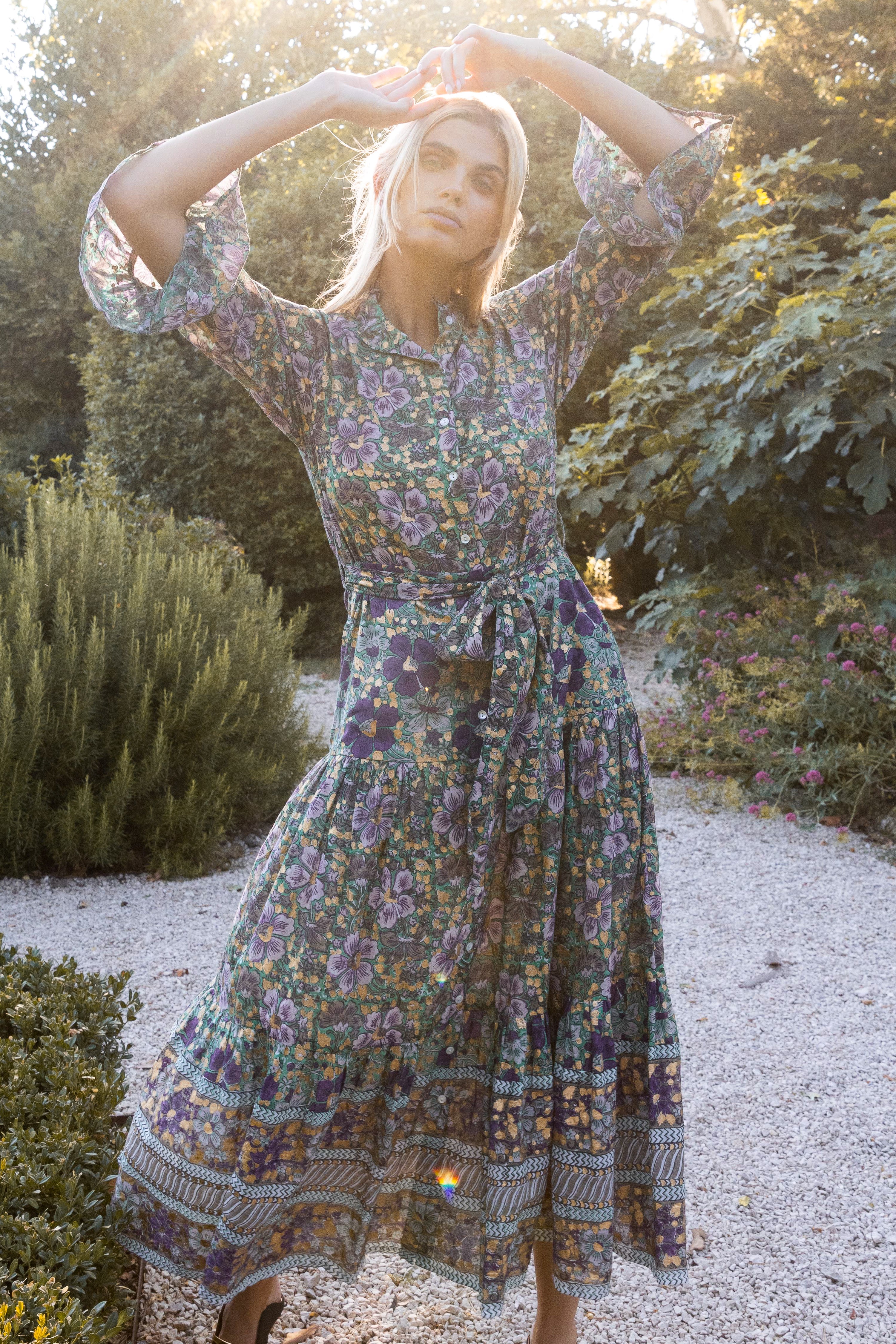 Ruffle Collar Bell Maxi- Matera Green