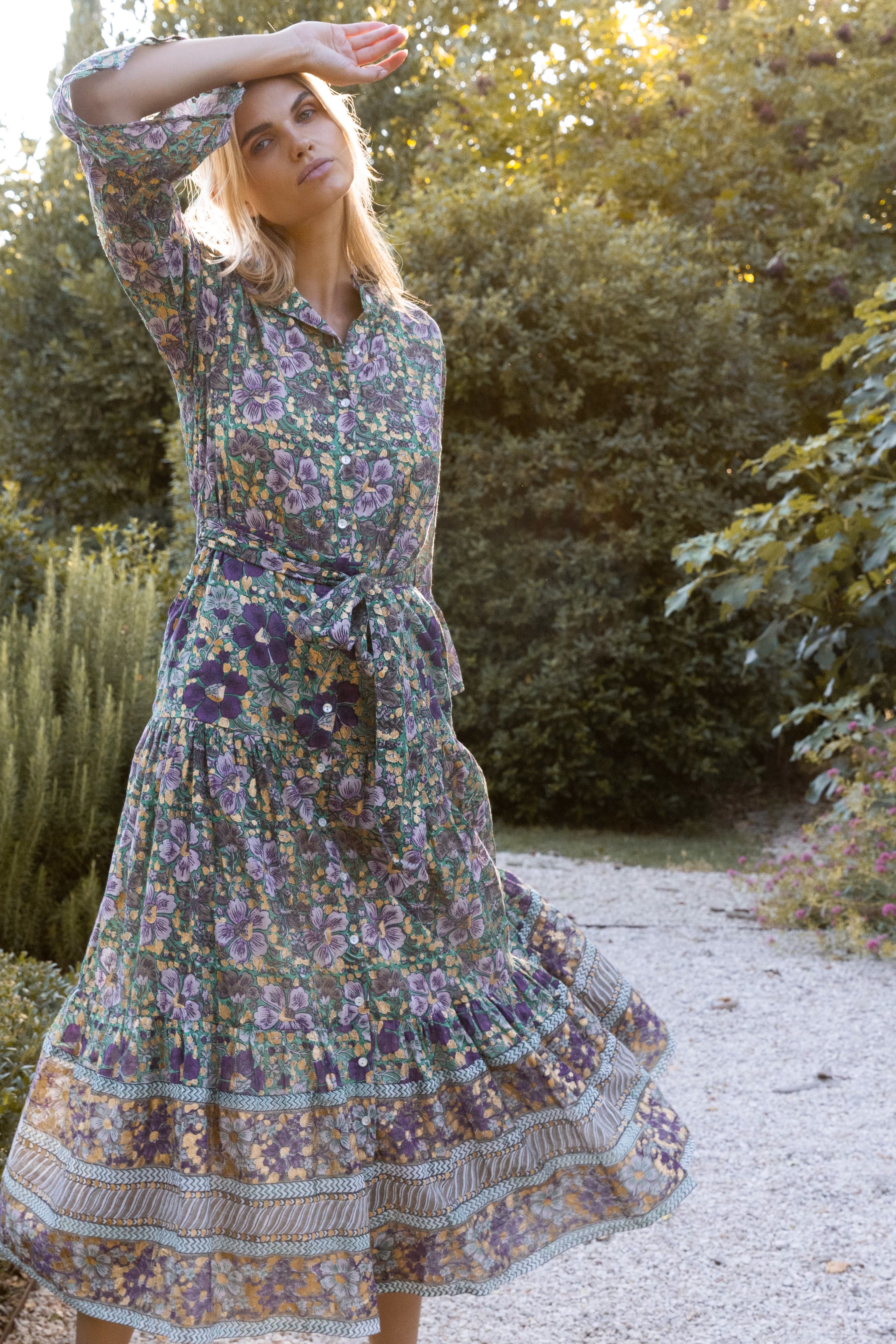 Ruffle Collar Bell Maxi- Matera Green
