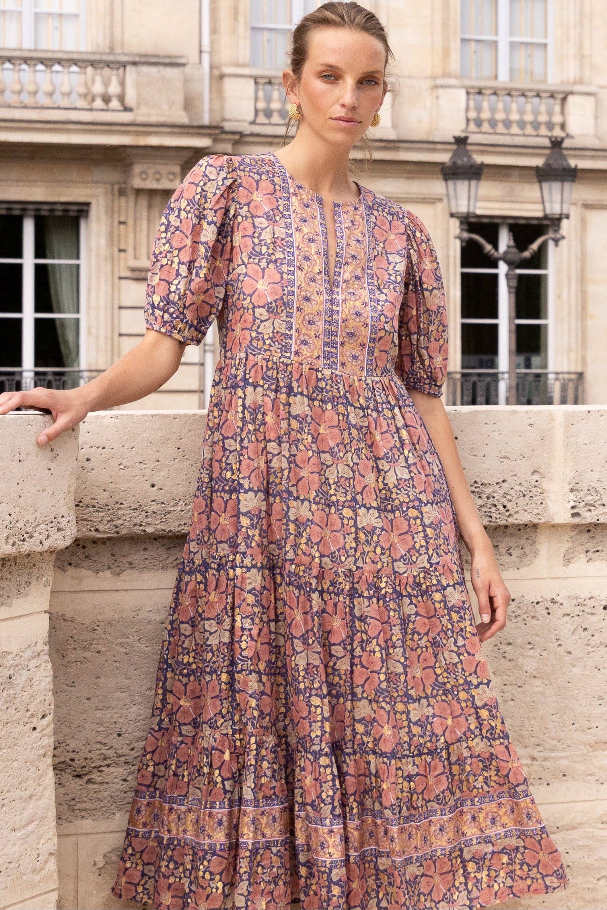 Puff Sleeve Maxi- Matera Navy