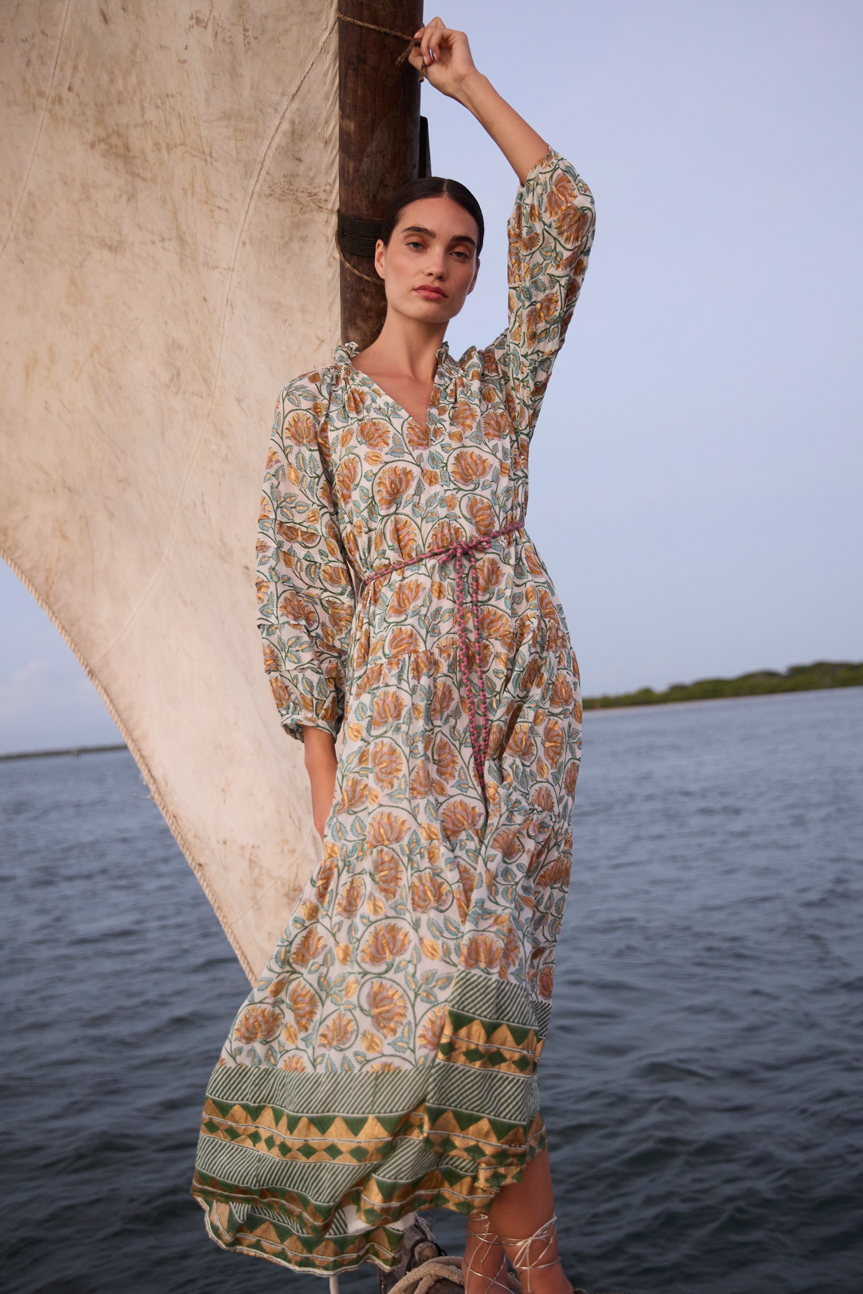 Cuff Sleeve Tie Waist Maxi- Montenegro Green