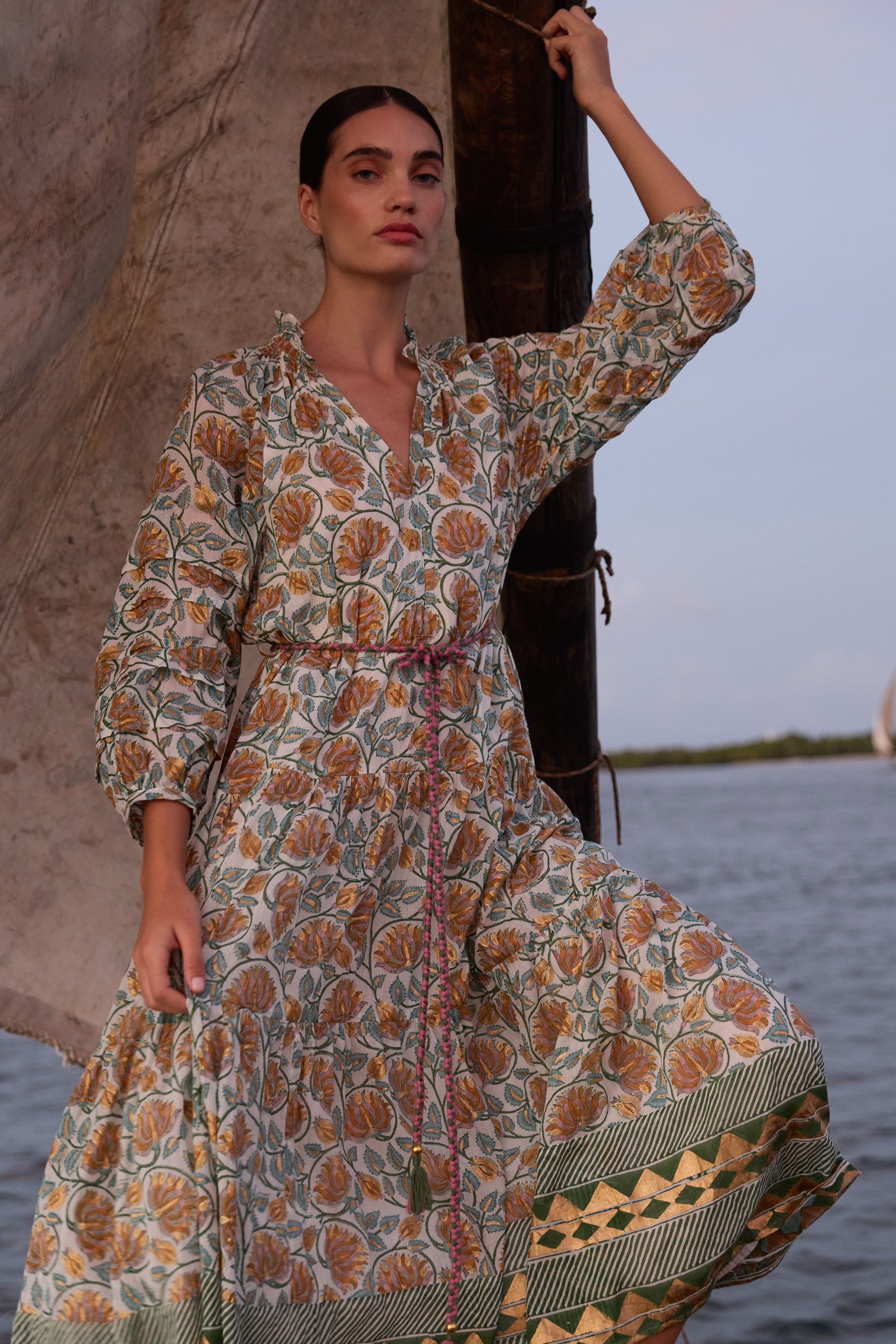 Cuff Sleeve Tie Waist Maxi- Montenegro Green