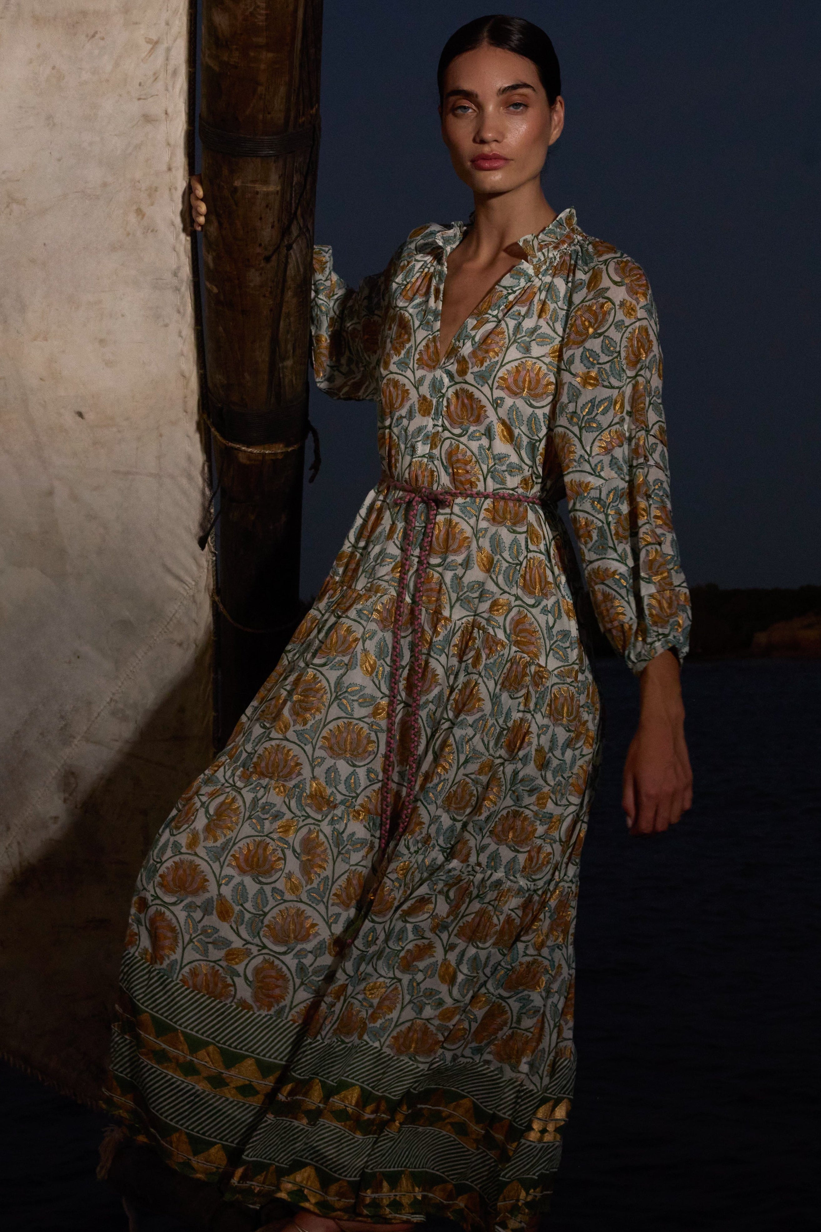 Cuff Sleeve Tie Waist Maxi- Montenegro Green