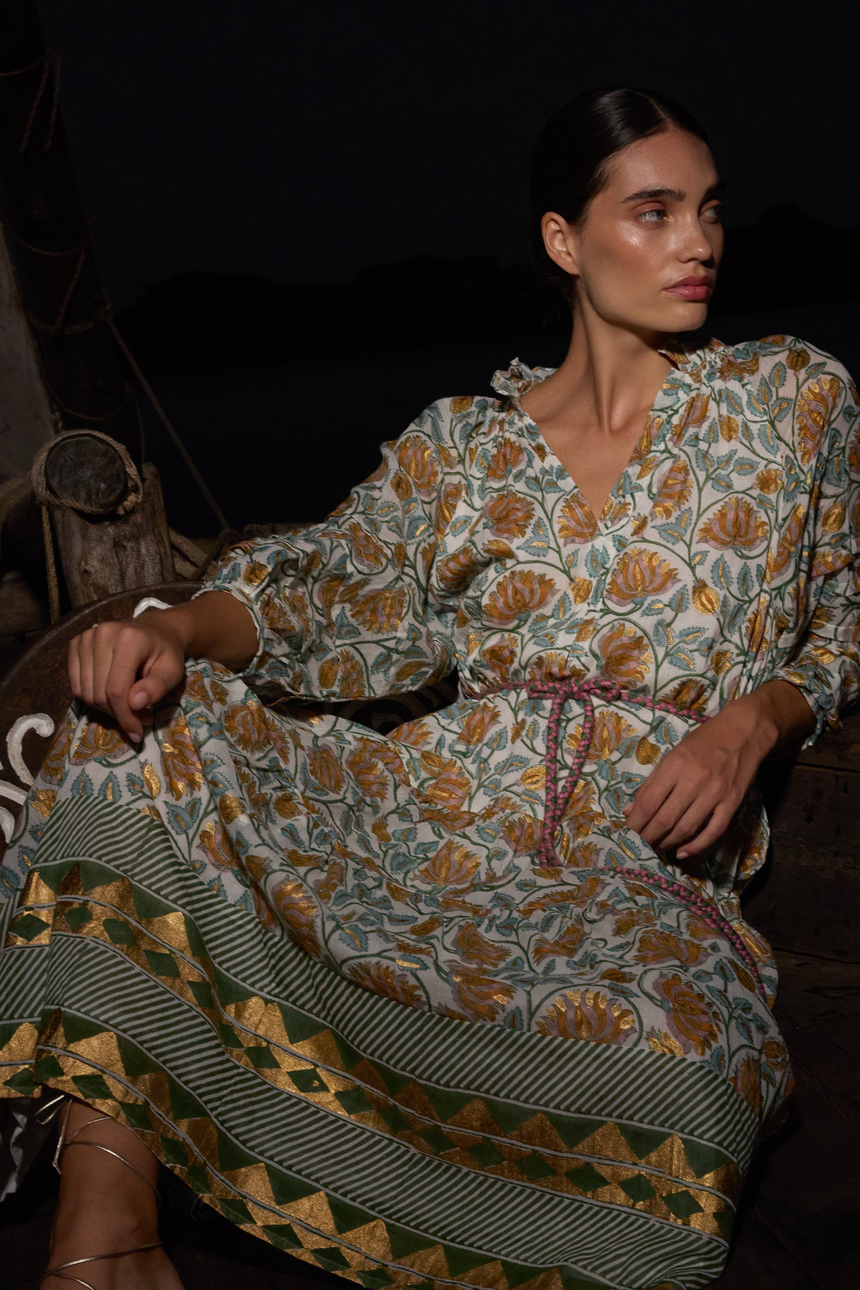 Cuff Sleeve Tie Waist Maxi- Montenegro Green