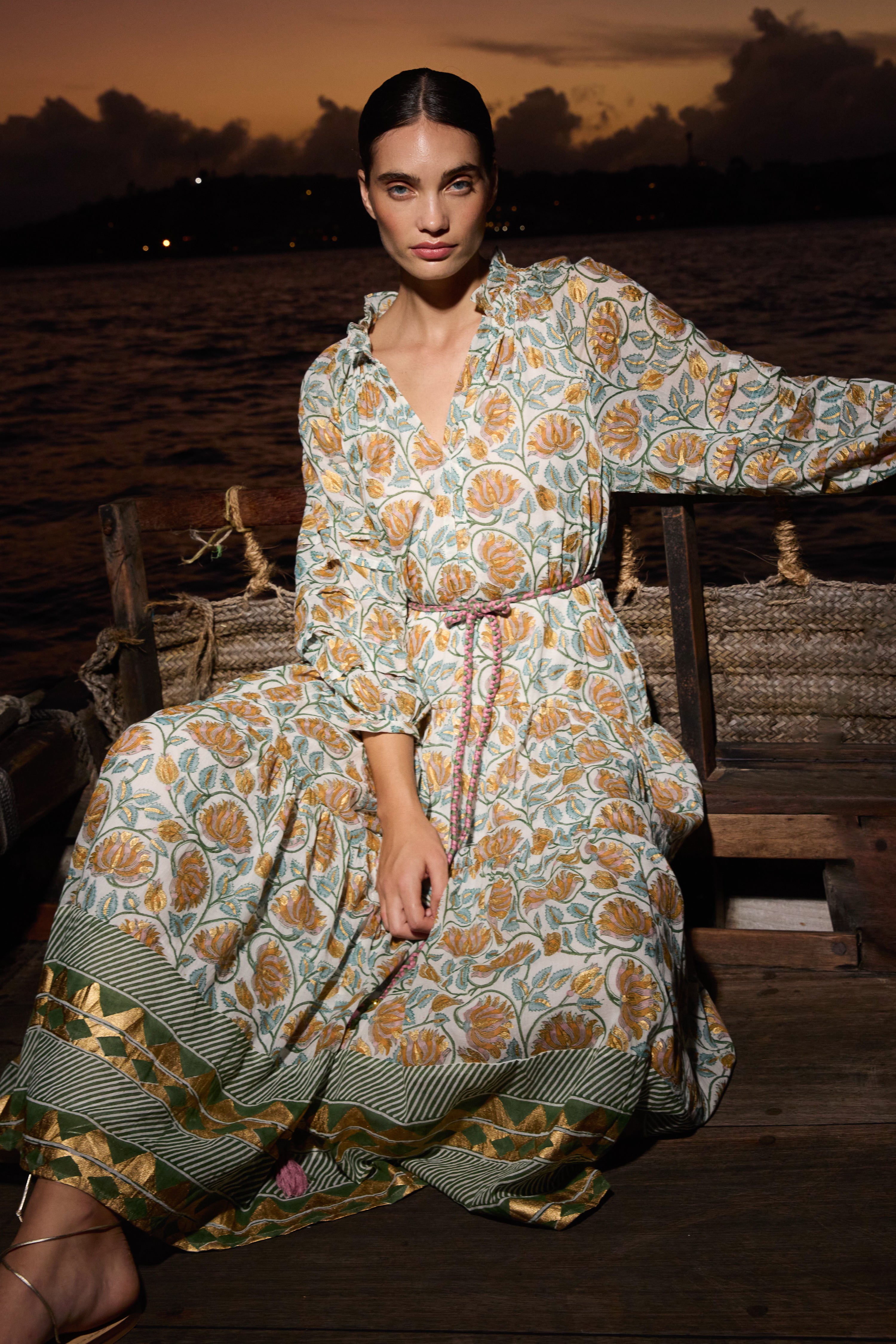 Cuff Sleeve Tie Waist Maxi- Montenegro Green