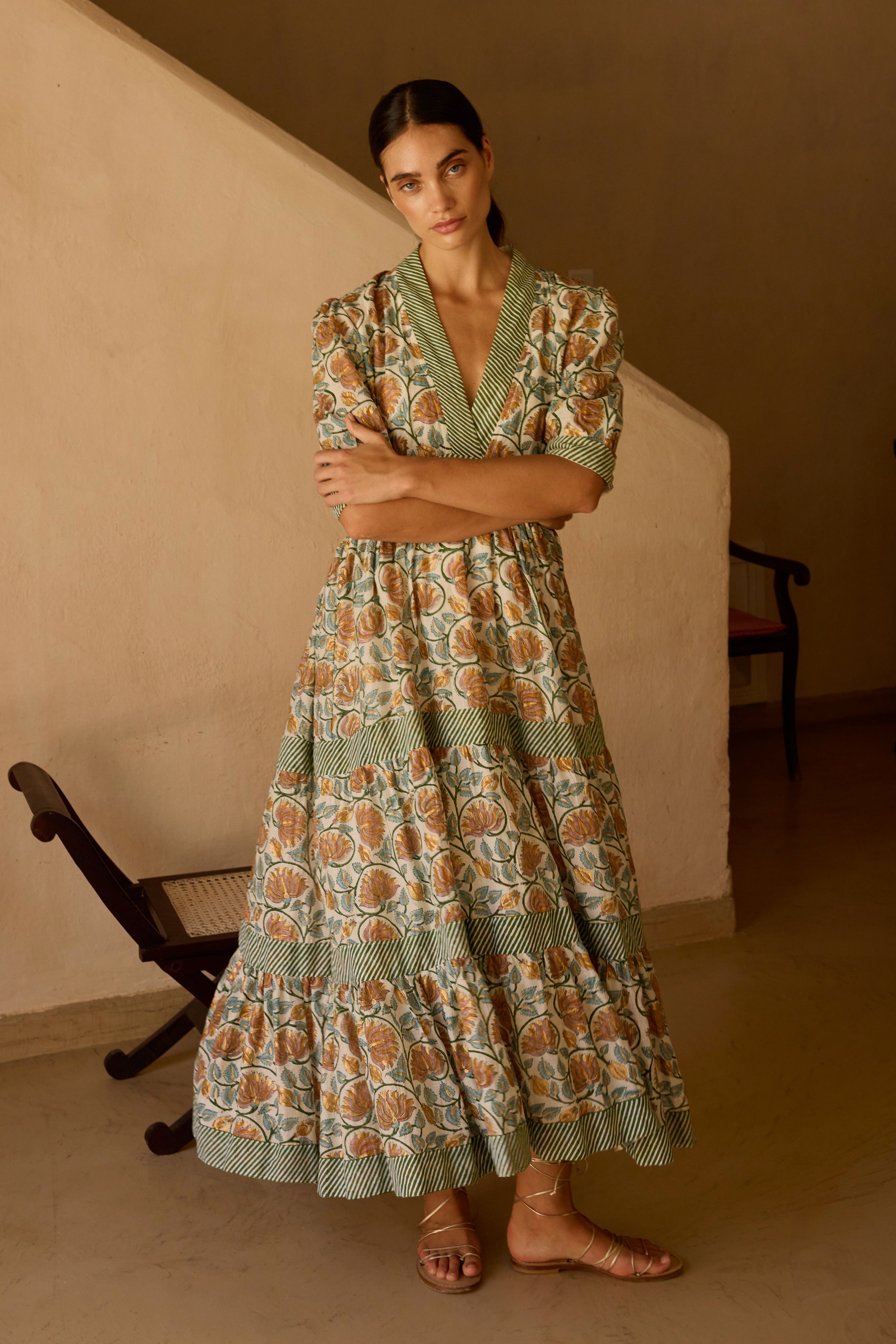 V-Neck Cuffed Maxi- Montenegro Green