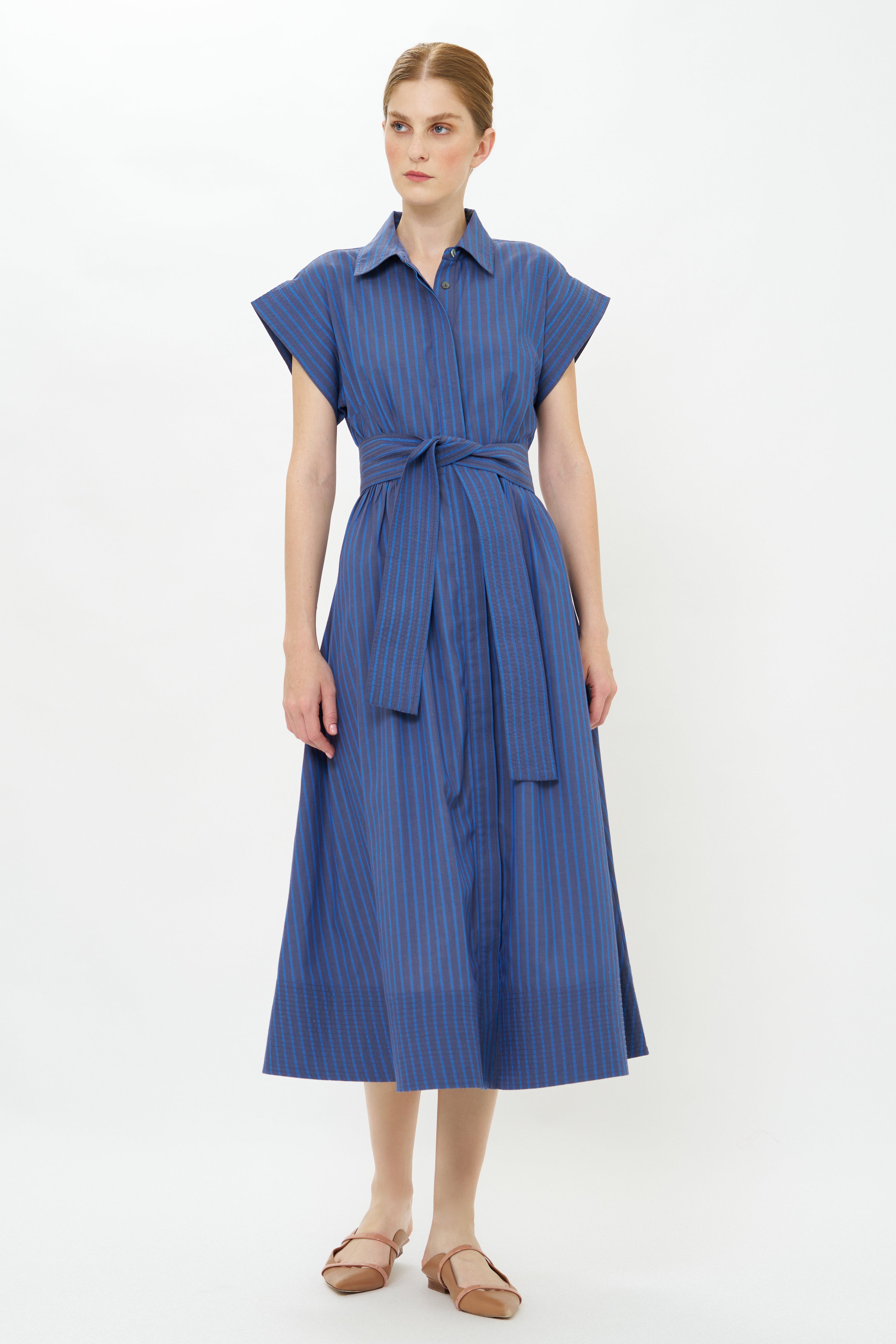 Belted Shirt Dress- Morgan Blue