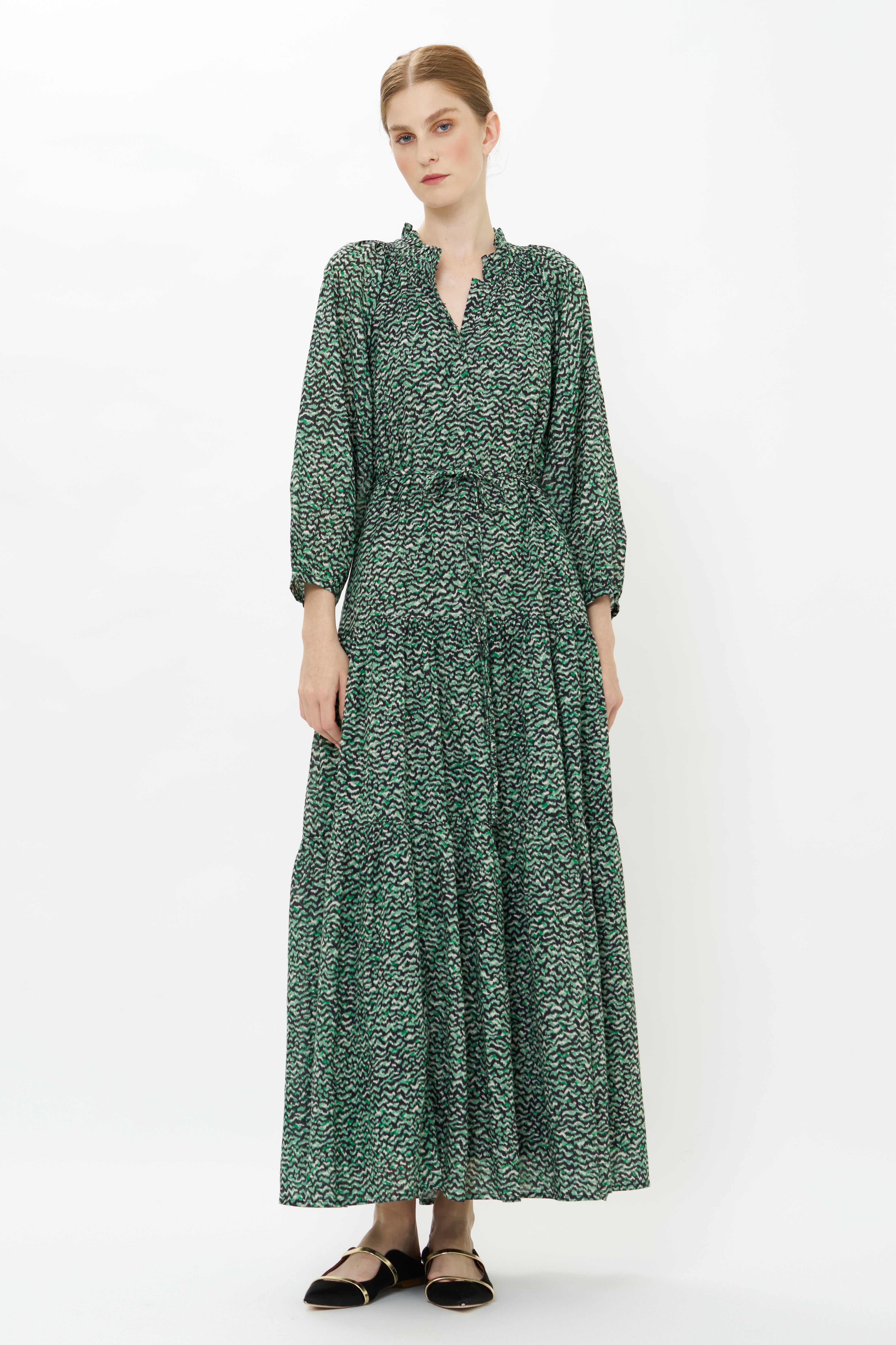 Cuff Sleeve Tie Waist Maxi- Jag Green