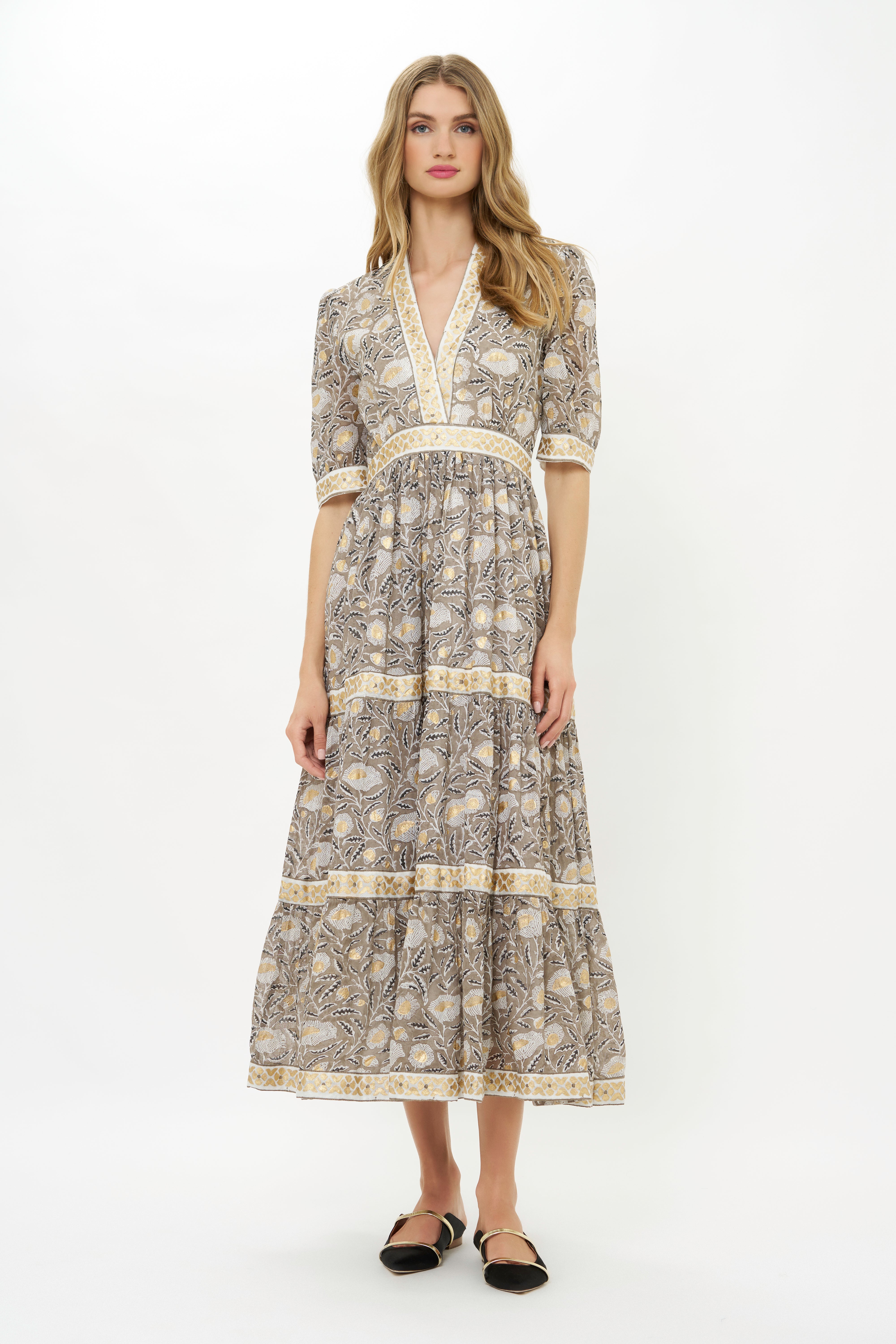 V-Neck Cuffed Maxi- Birch Taupe