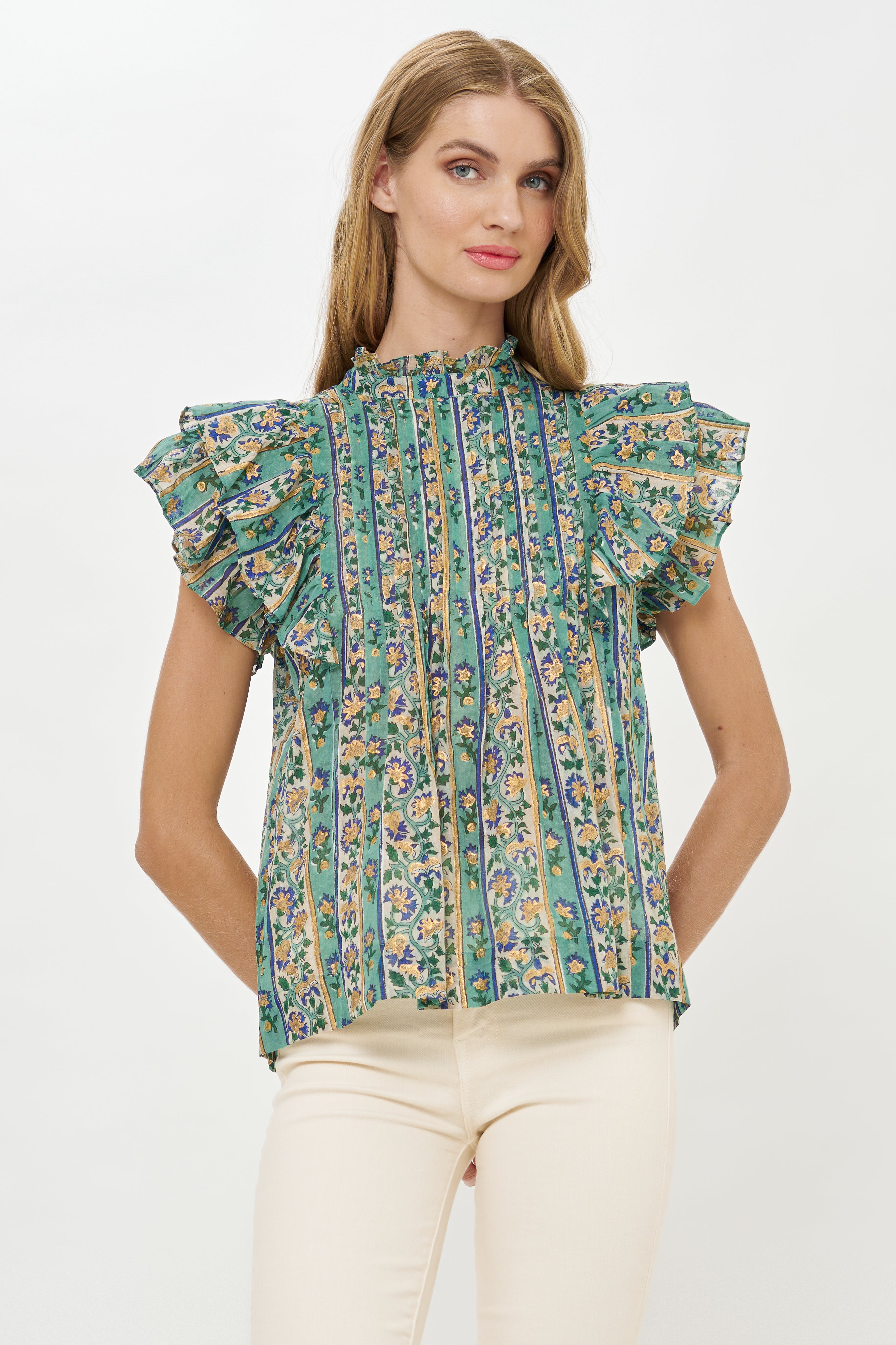 Pintuck Ruffle Top- Taj Aqua