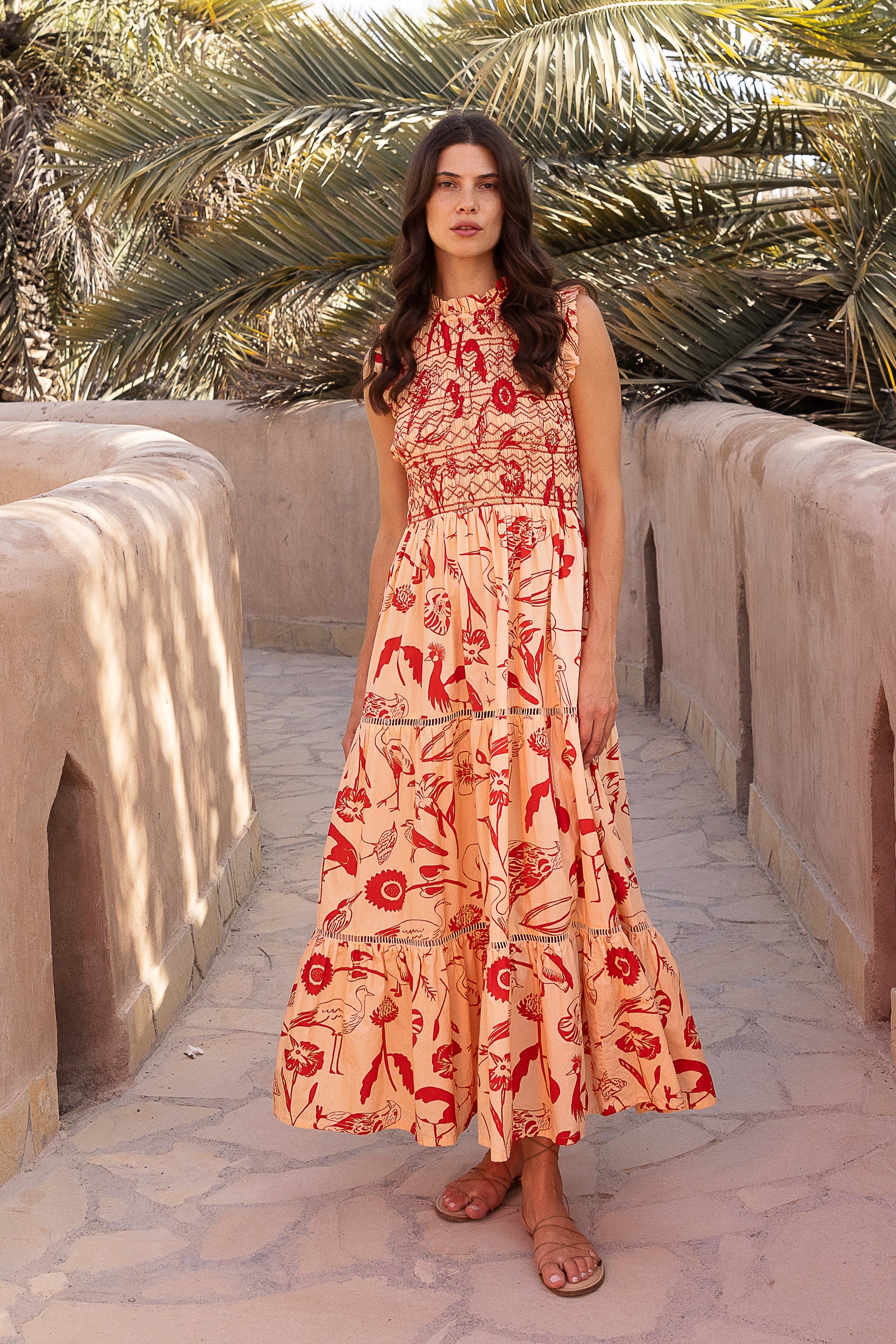 Sleeveless Smocked Maxi- Audubon Red-XXS