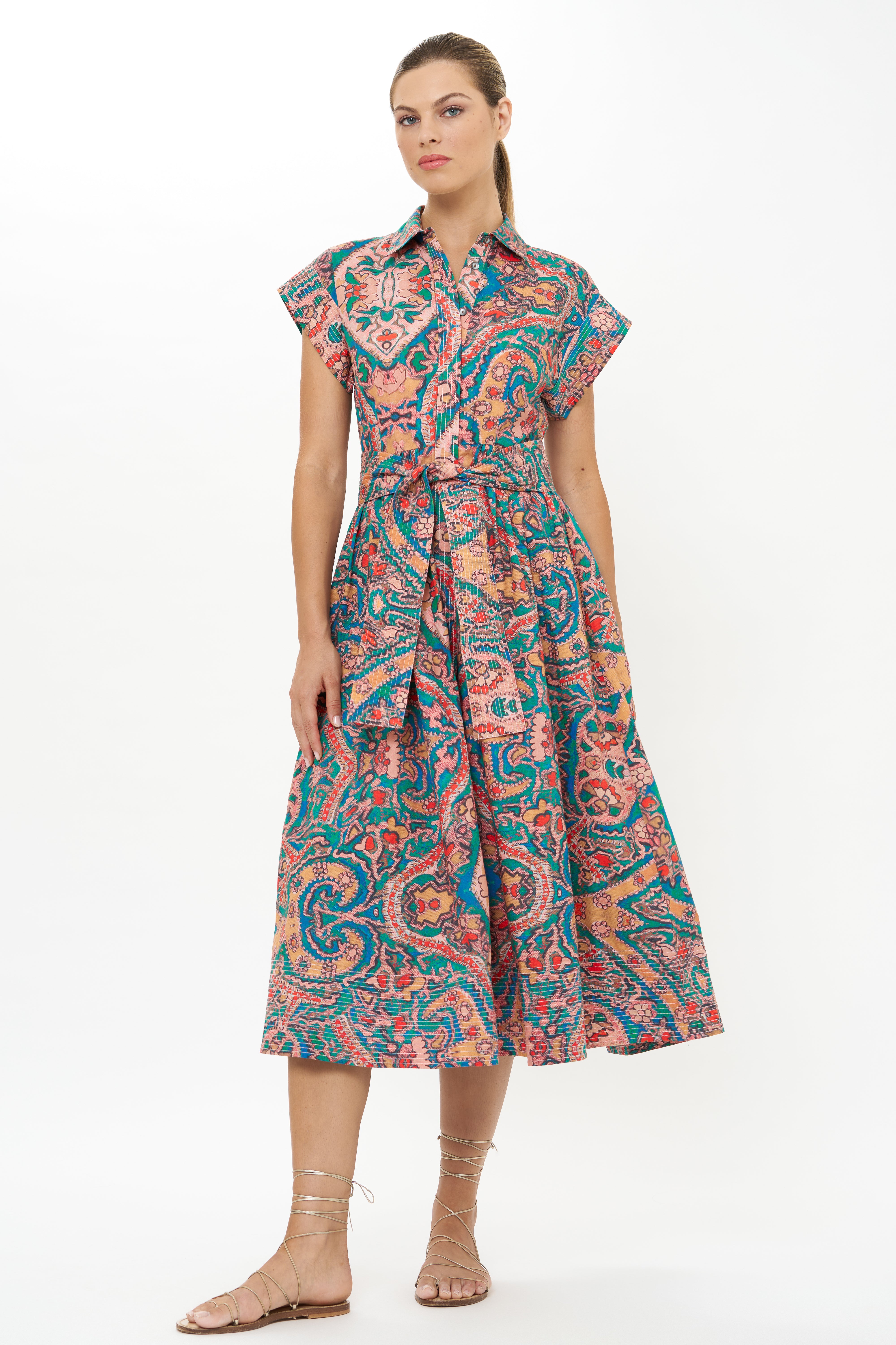 Belted Shirt Dress- Persia Aqua