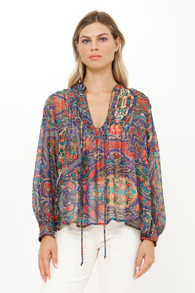 V-Neck Pintuck Blouse- Persia Cobalt – OLIPHANTDESIGN