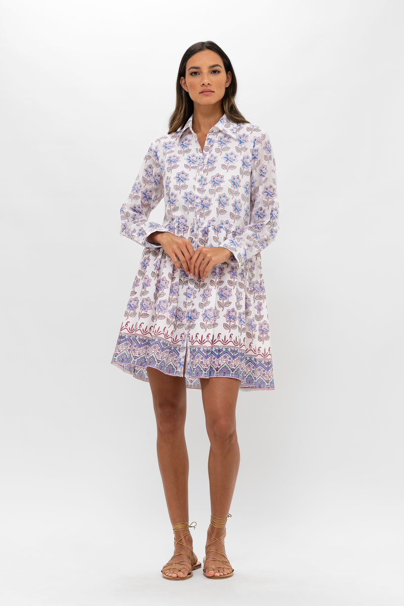 Long Sleeve Shirt Dress Mini- Portofino Aqua