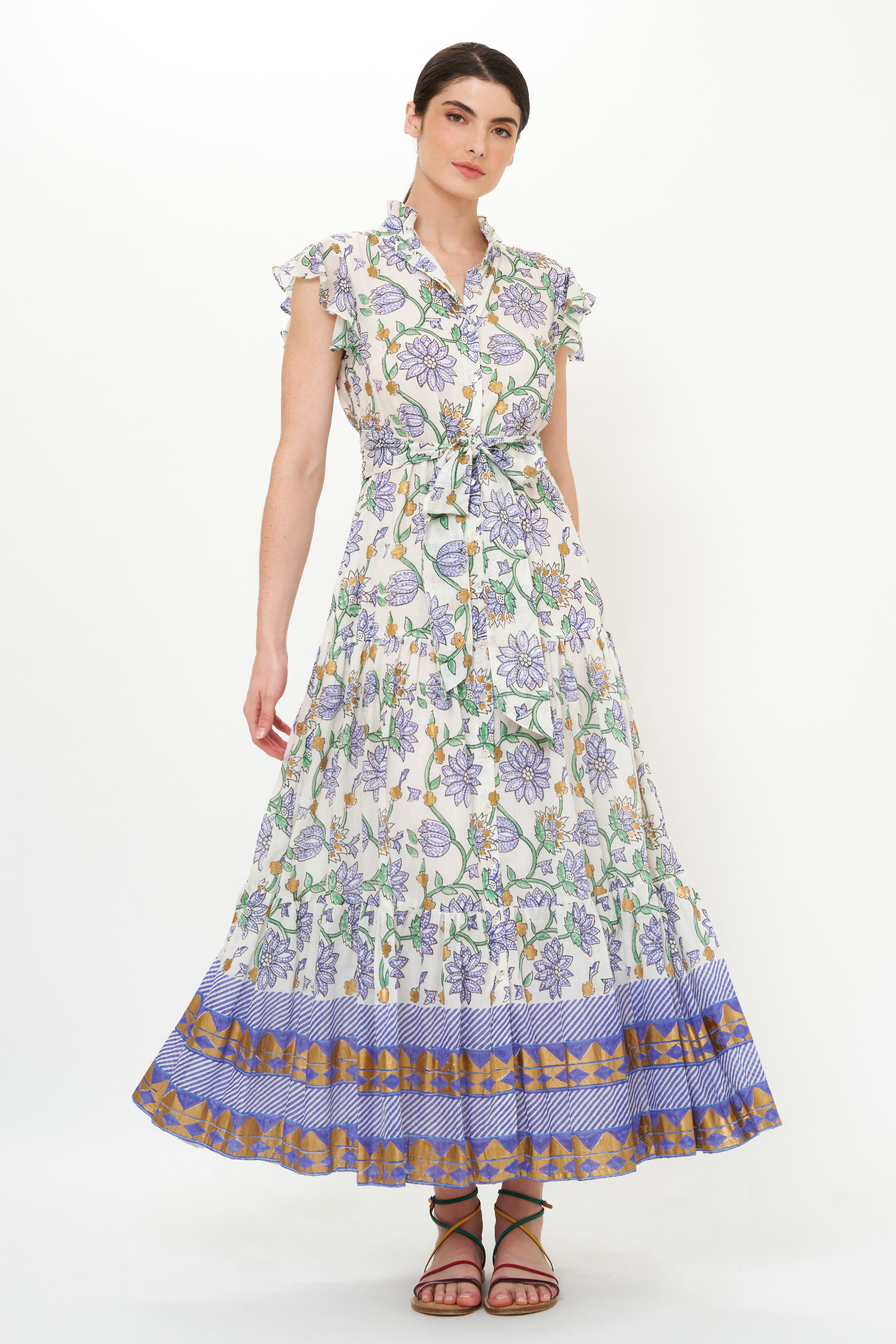 Ruffle Collar Button Maxi- Presidio Blue