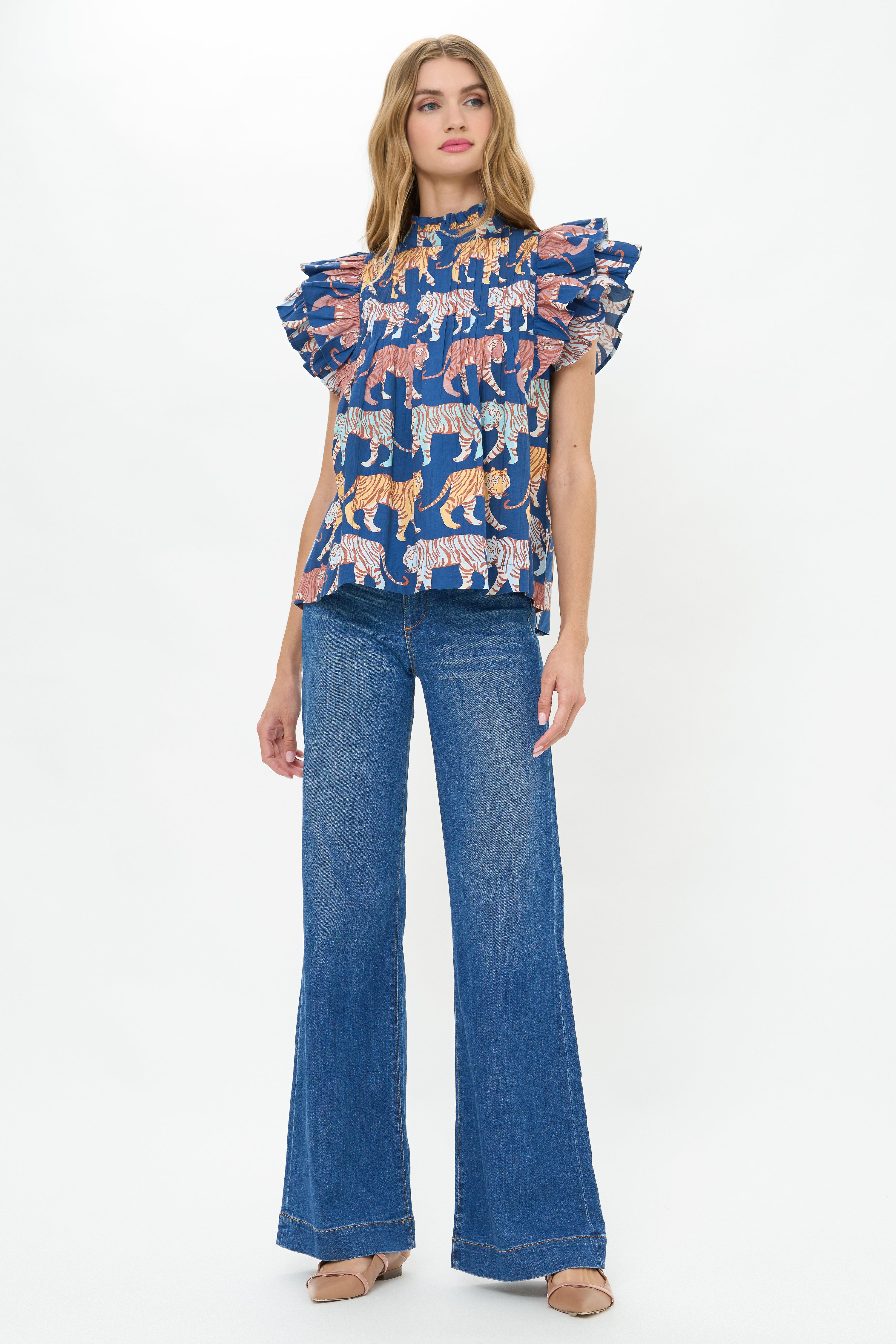 Pintuck Ruffle Top- Raj Navy