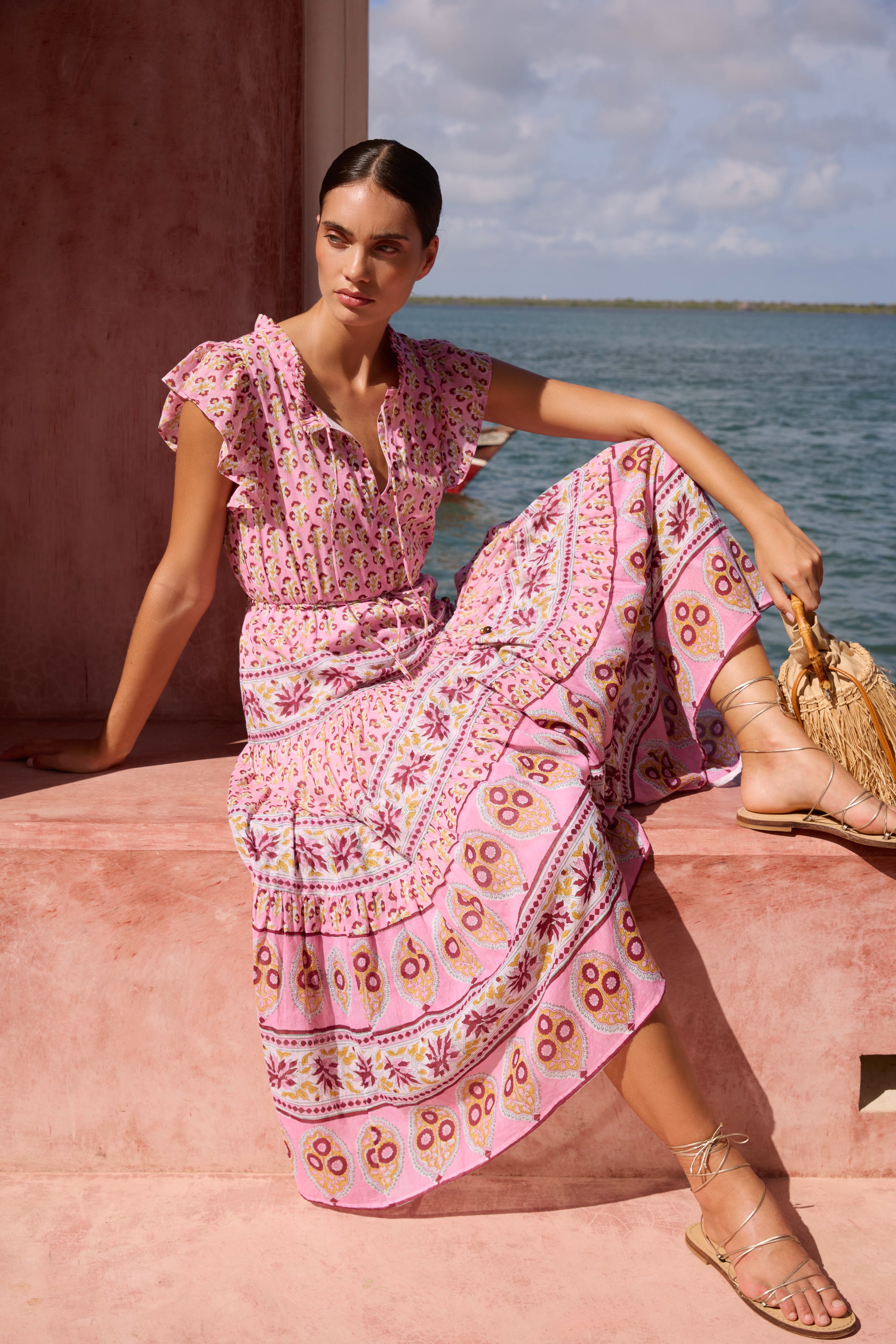 Cinched Flirty Midi- Riad Rhubarb