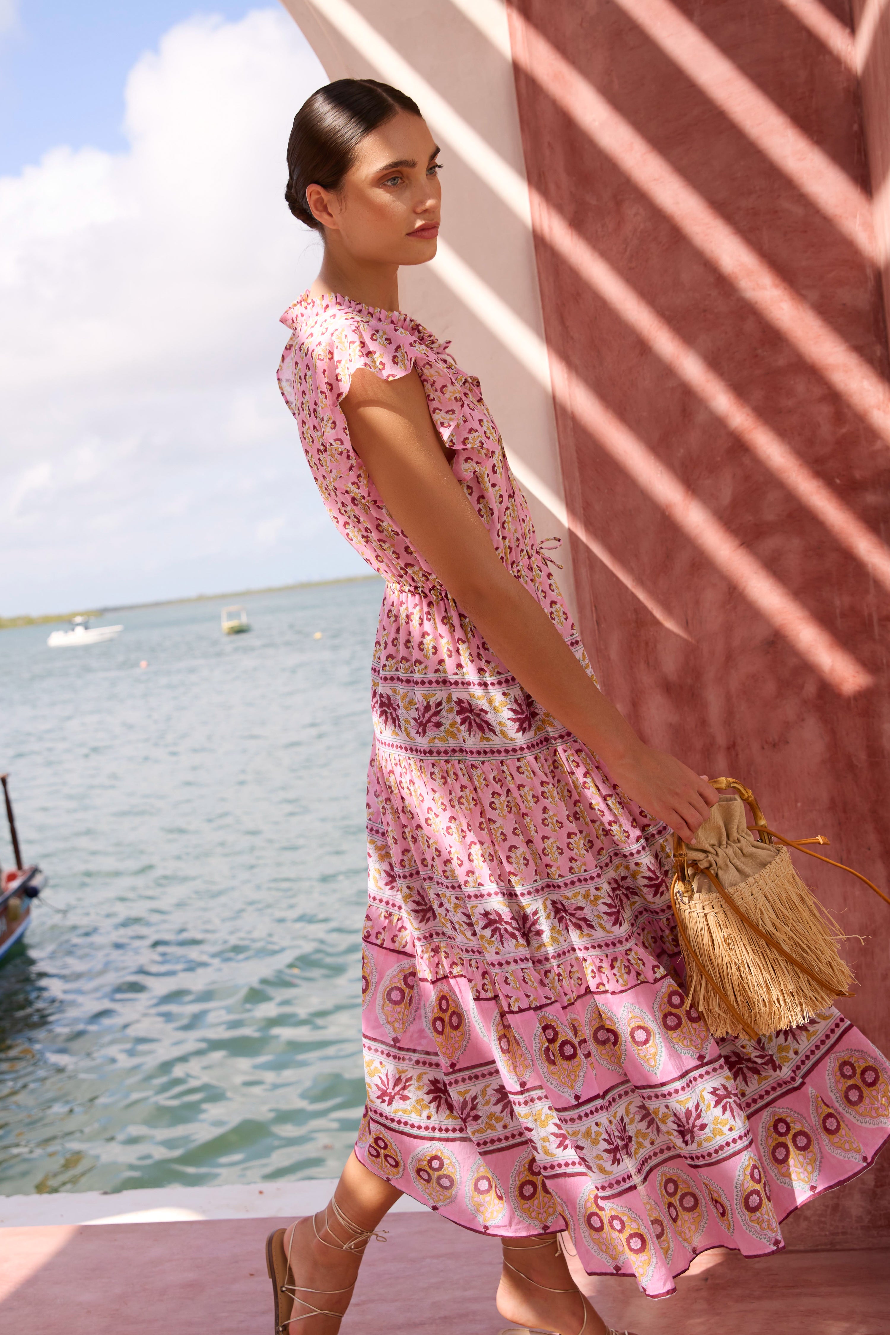 Cinched Flirty Midi- Riad Rhubarb