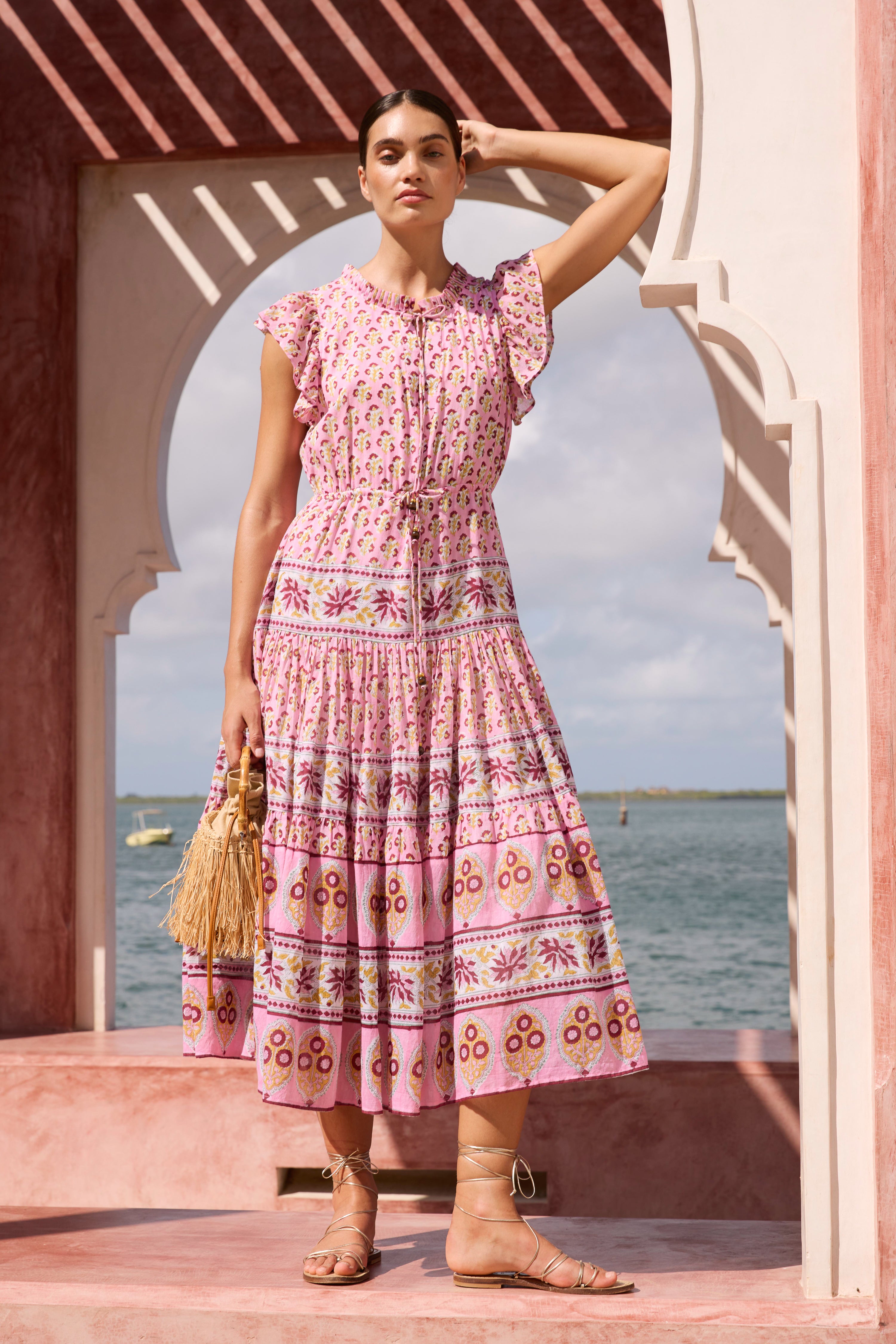 Cinched Flirty Midi- Riad Rhubarb