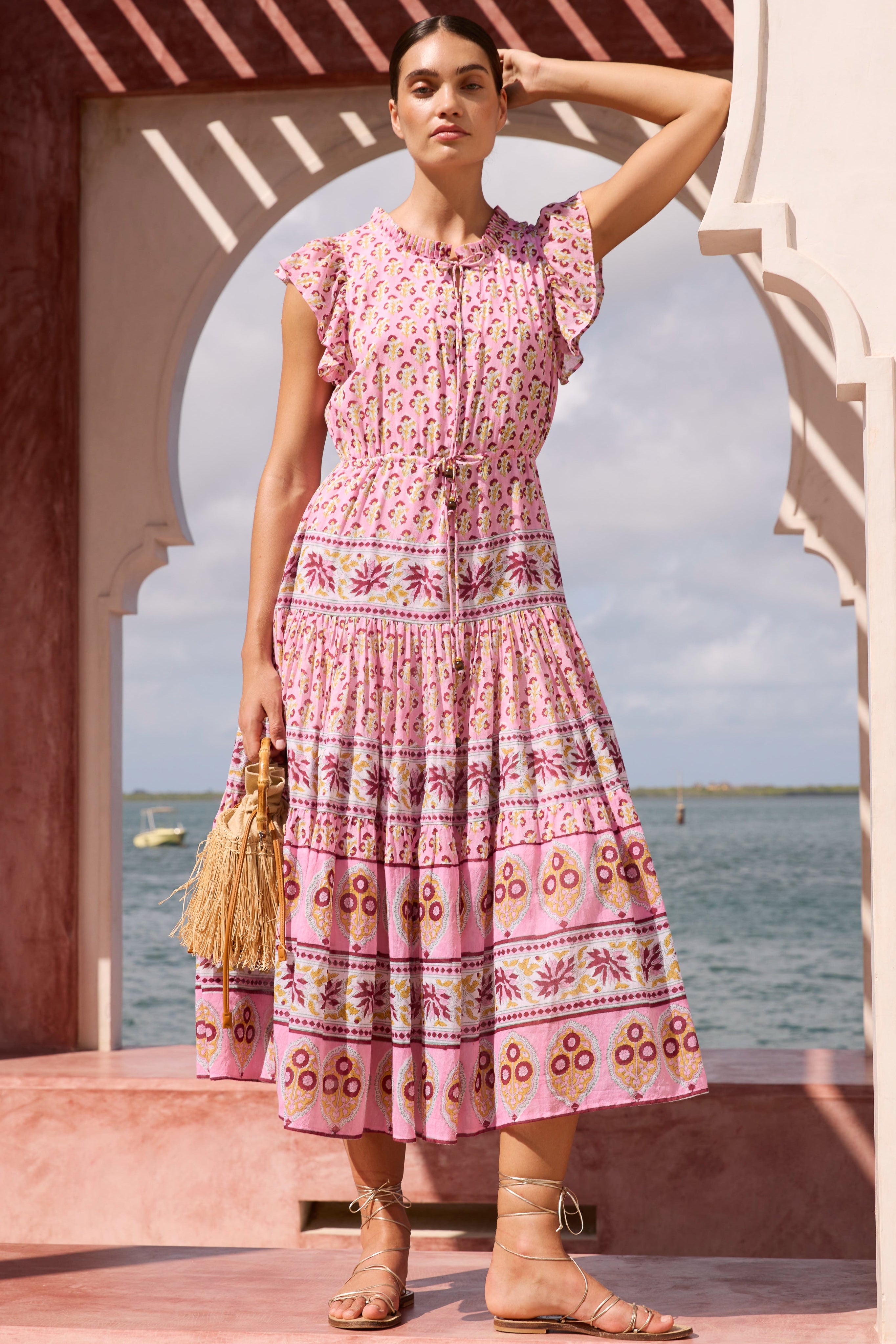 Cinched Flirty Midi- Riad Rhubarb