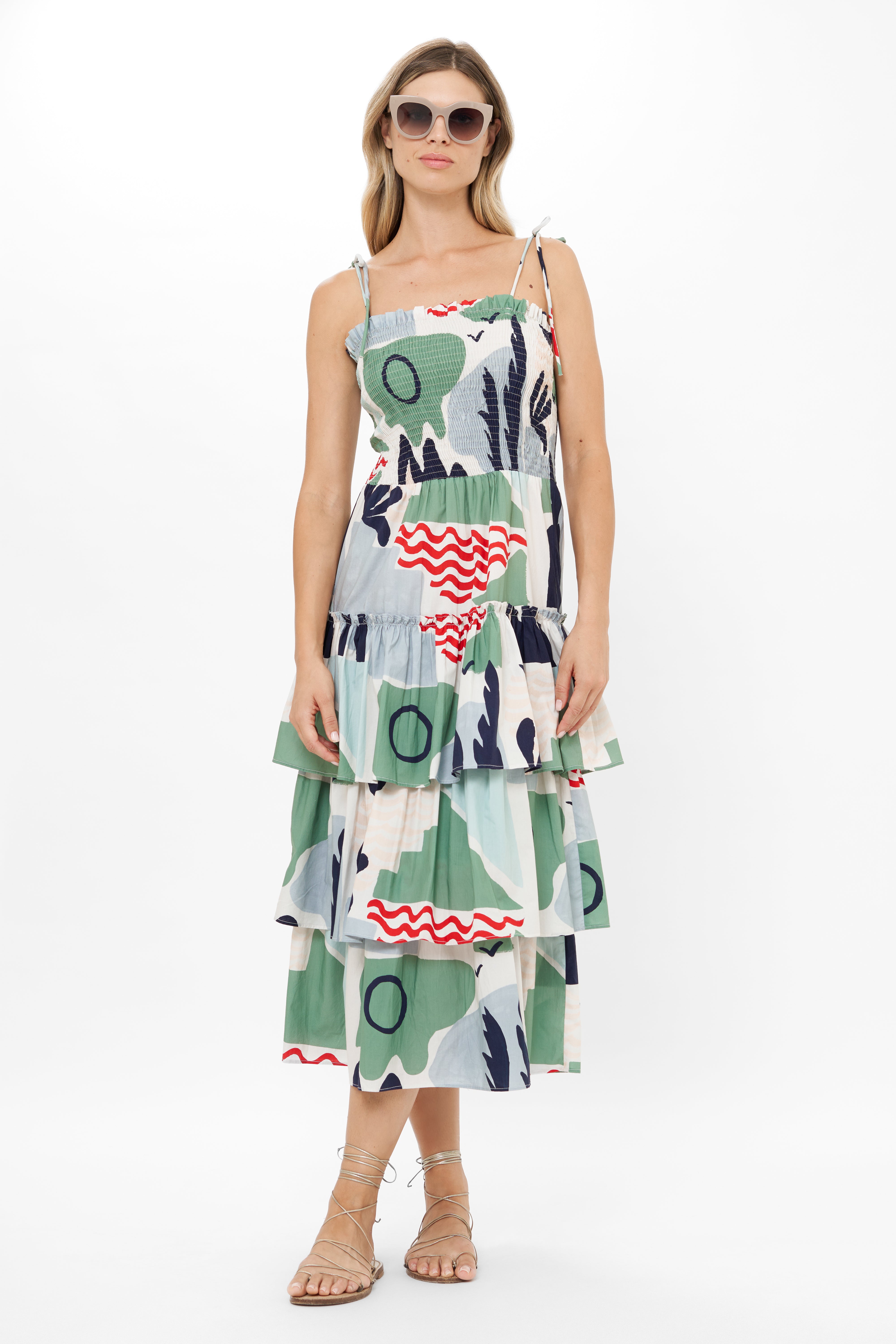 Smocked Tie Strap Midi- Riviera Sage