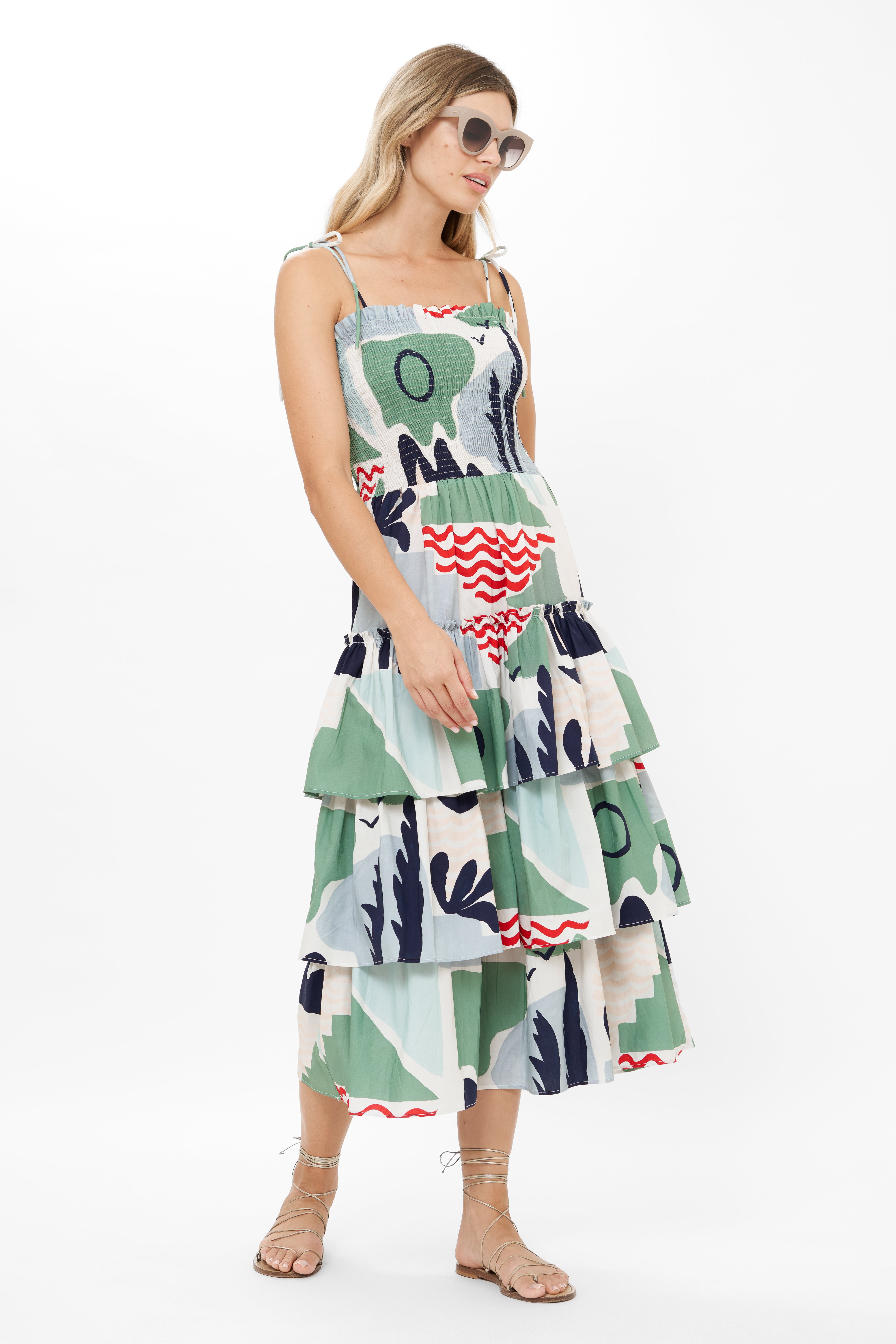 Smocked Tie Strap Midi- Riviera Sage