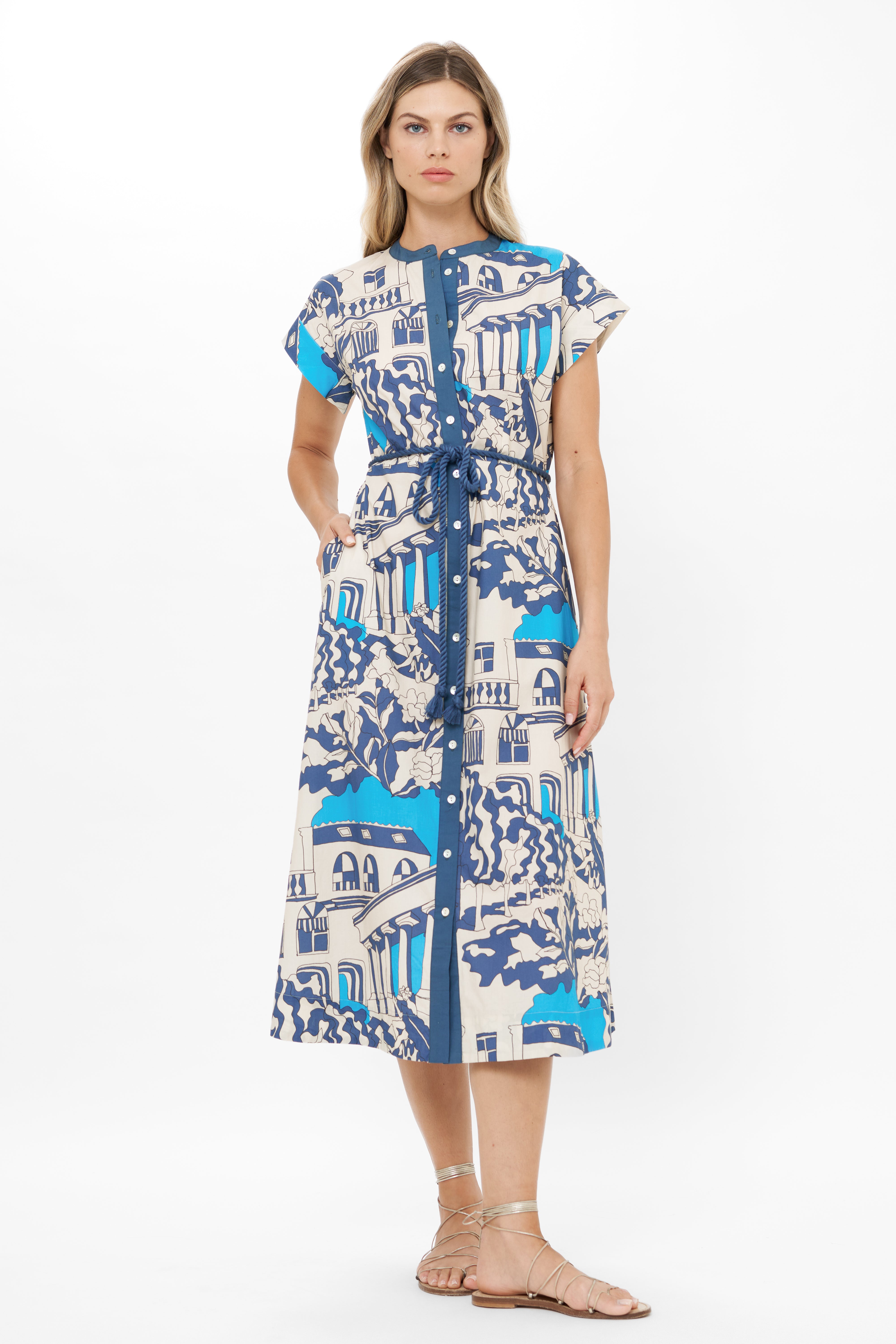 Cap Sleeve Shirt Dress Midi- Roma Blue