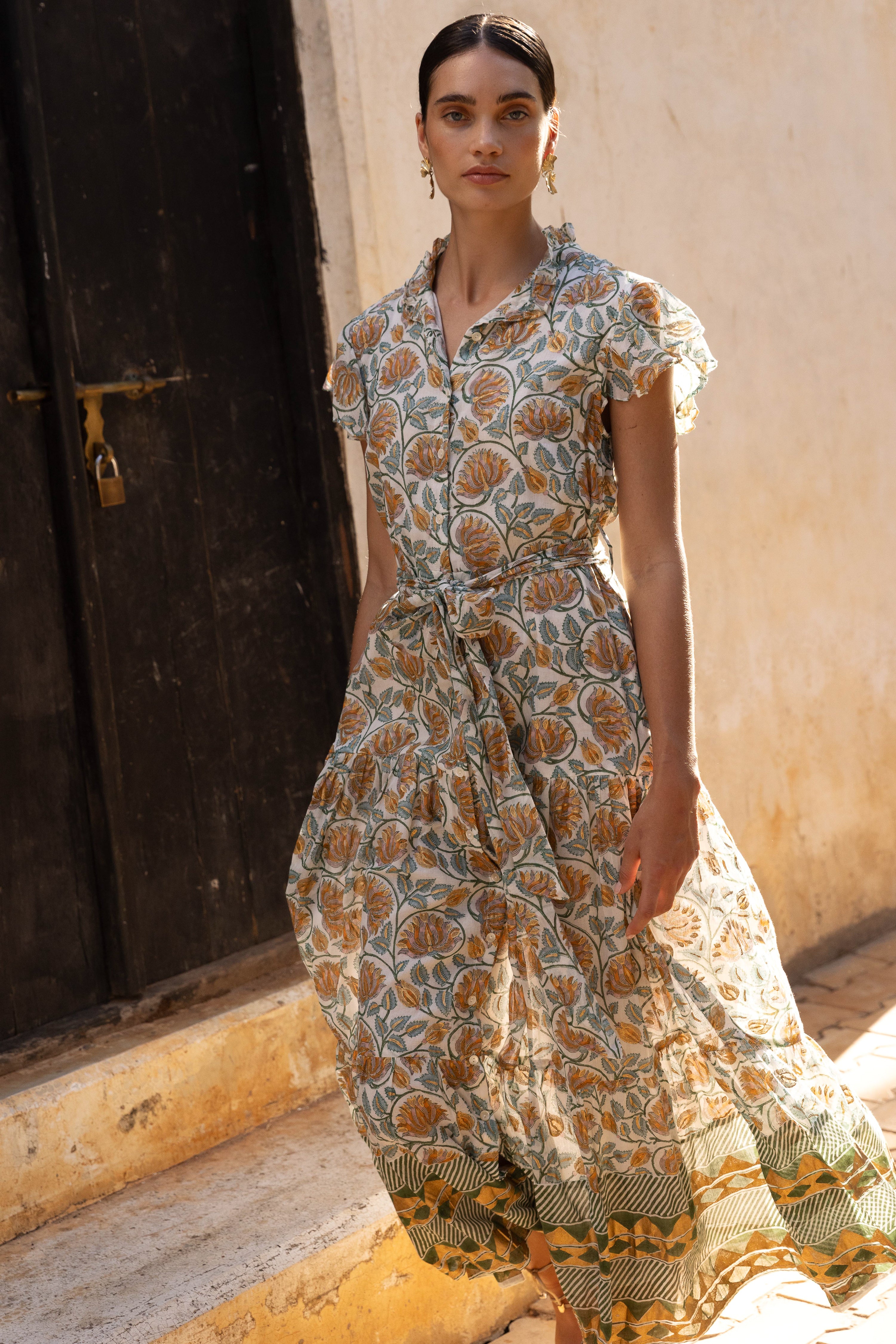 Ruffle Collar Button Maxi- Montenegro Green