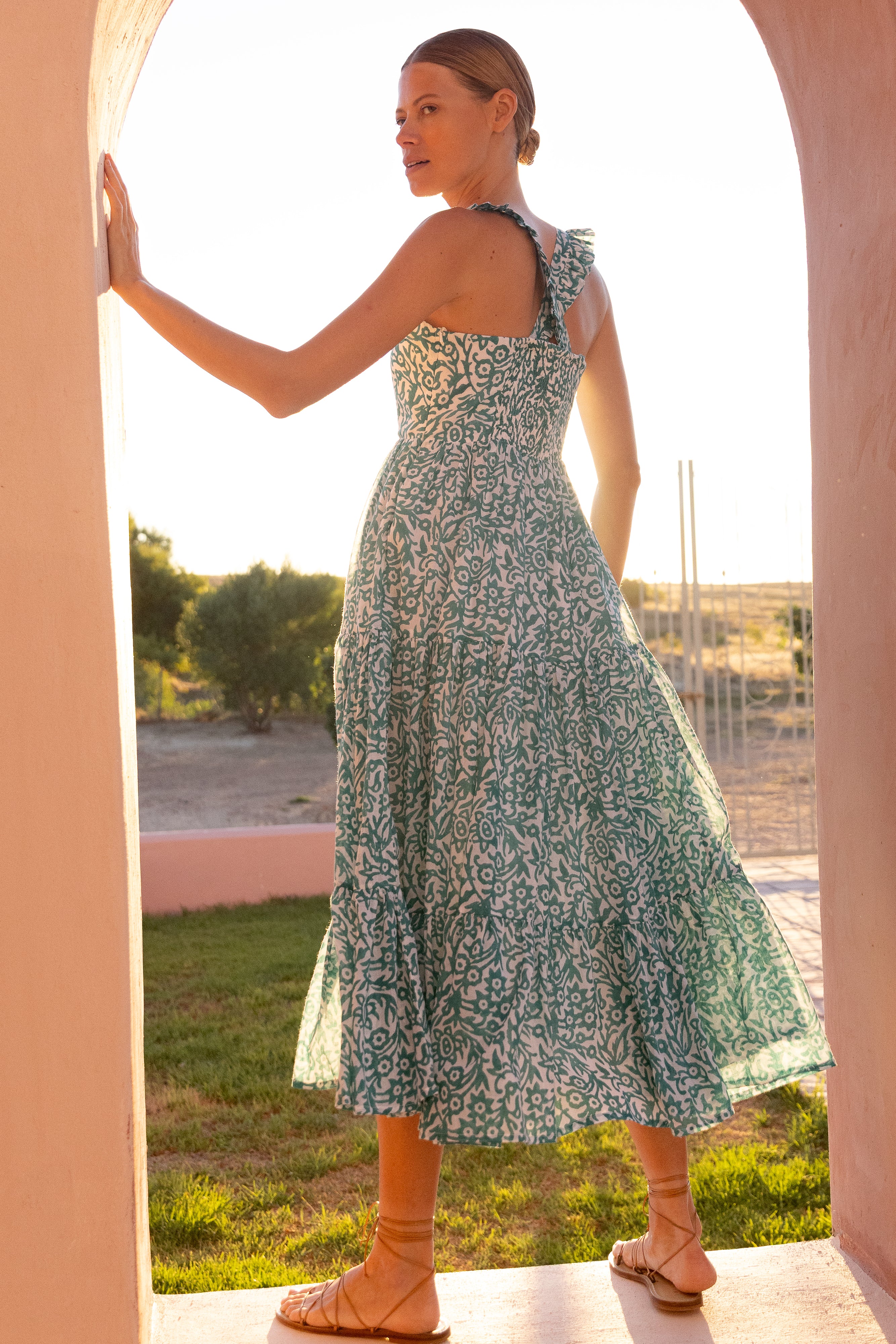 Ruffle Cross Back Midi- Cypress Jade