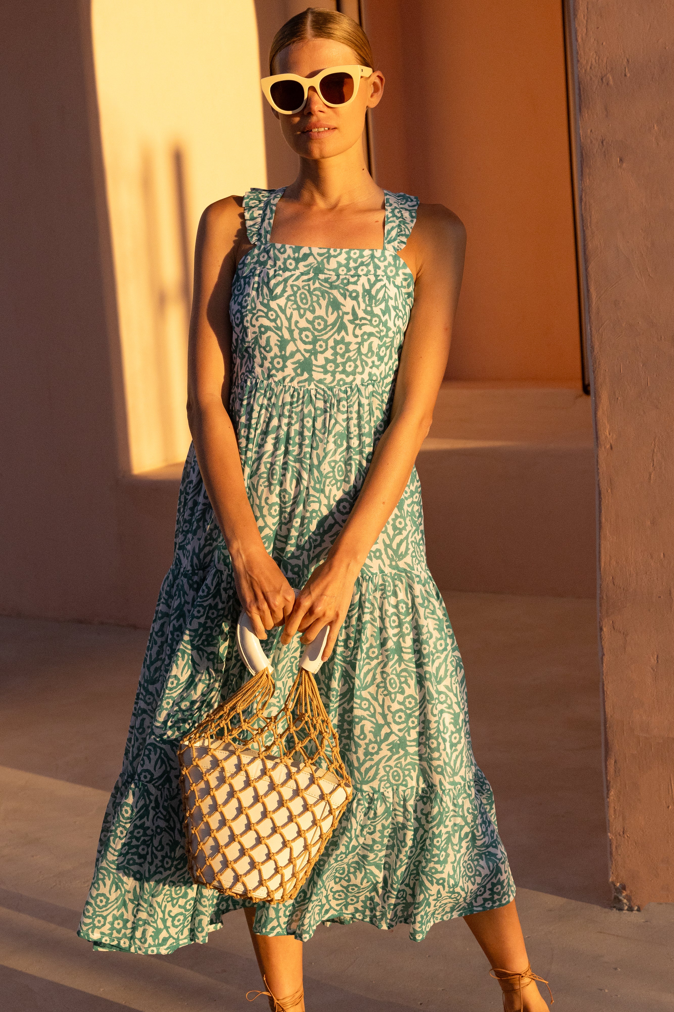 Ruffle Cross Back Midi- Cypress Jade