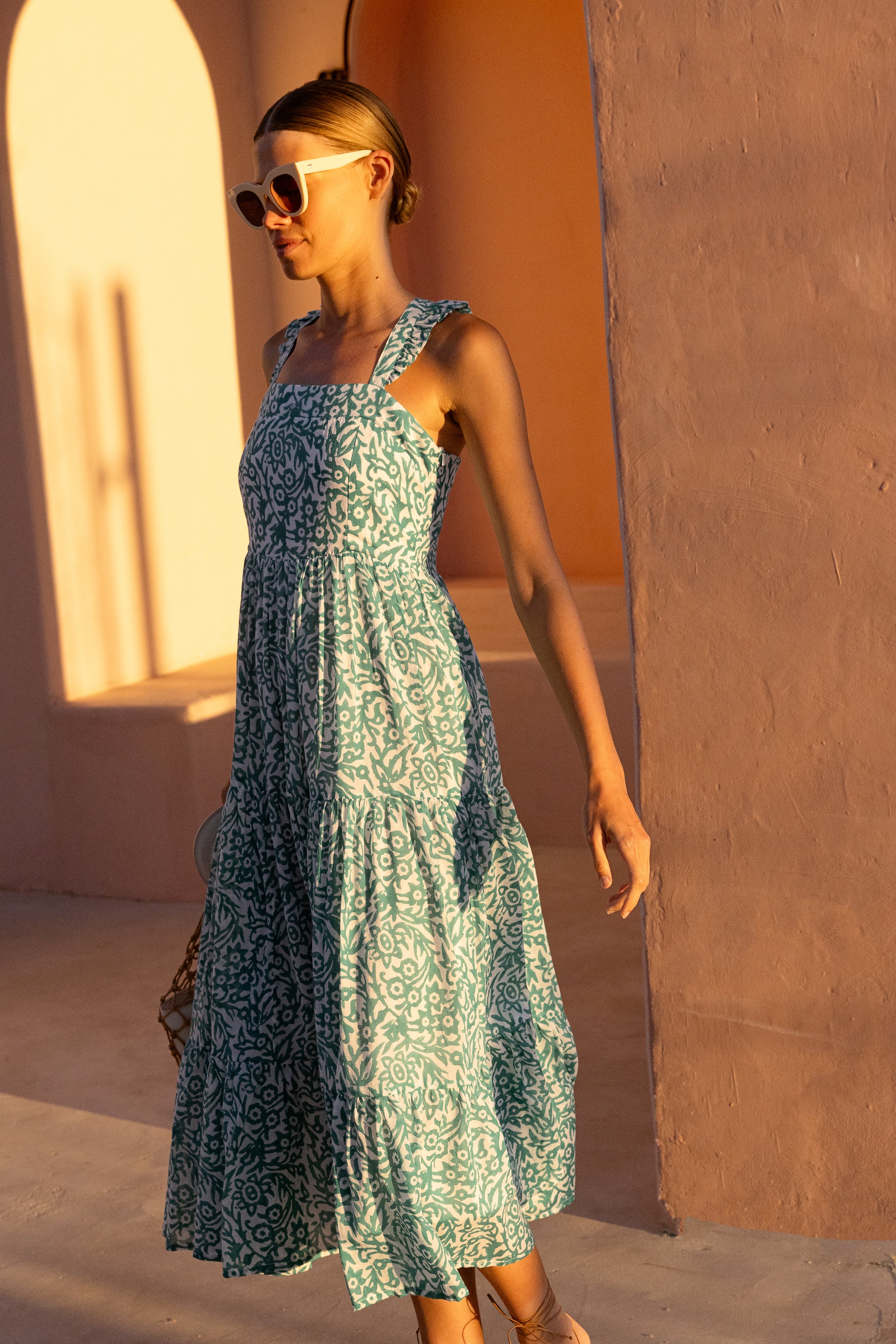 Ruffle Cross Back Midi- Cypress Jade